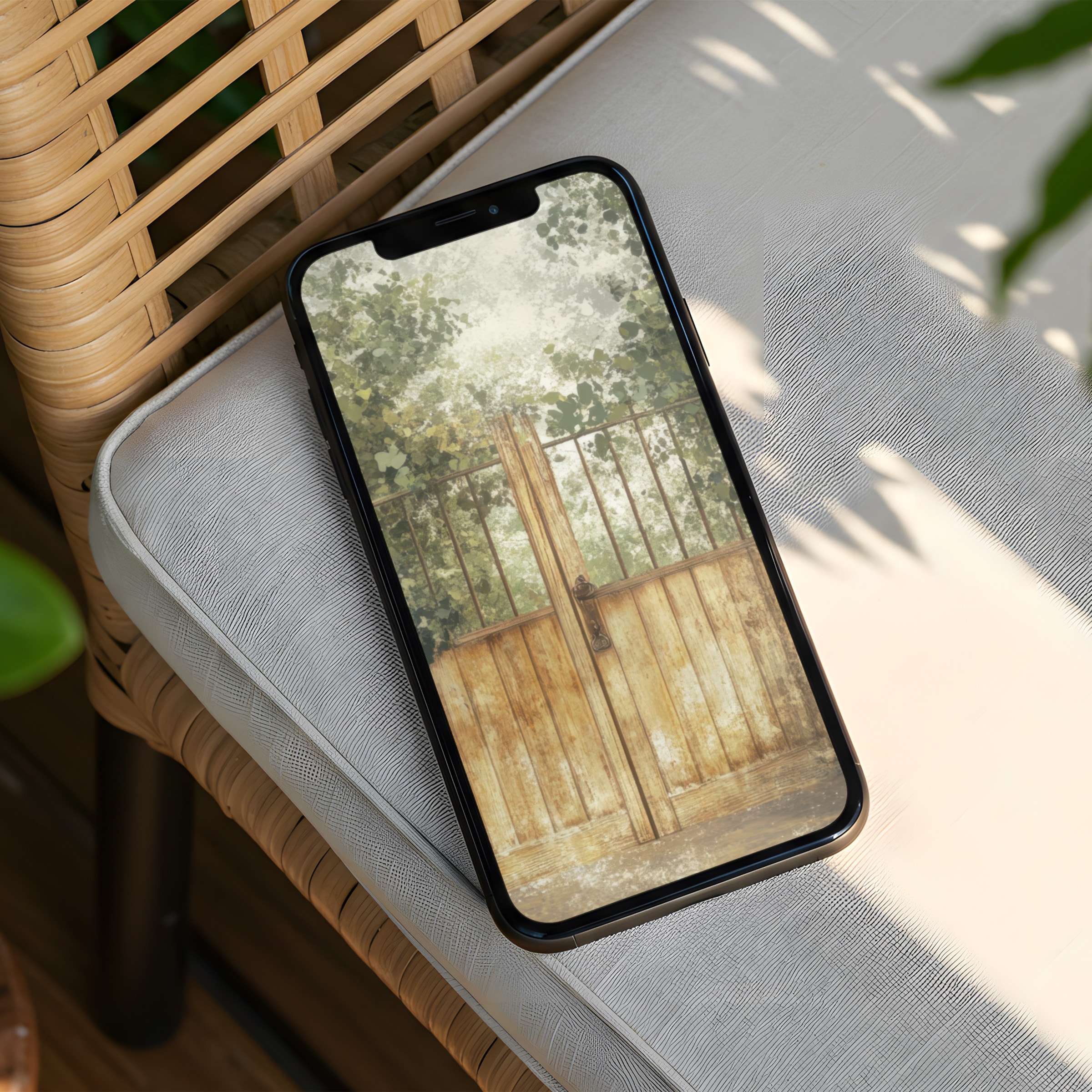 Elegant iPhone background showcasing a serene gate and lush greenery evokes calm inspiration instant download for phone users