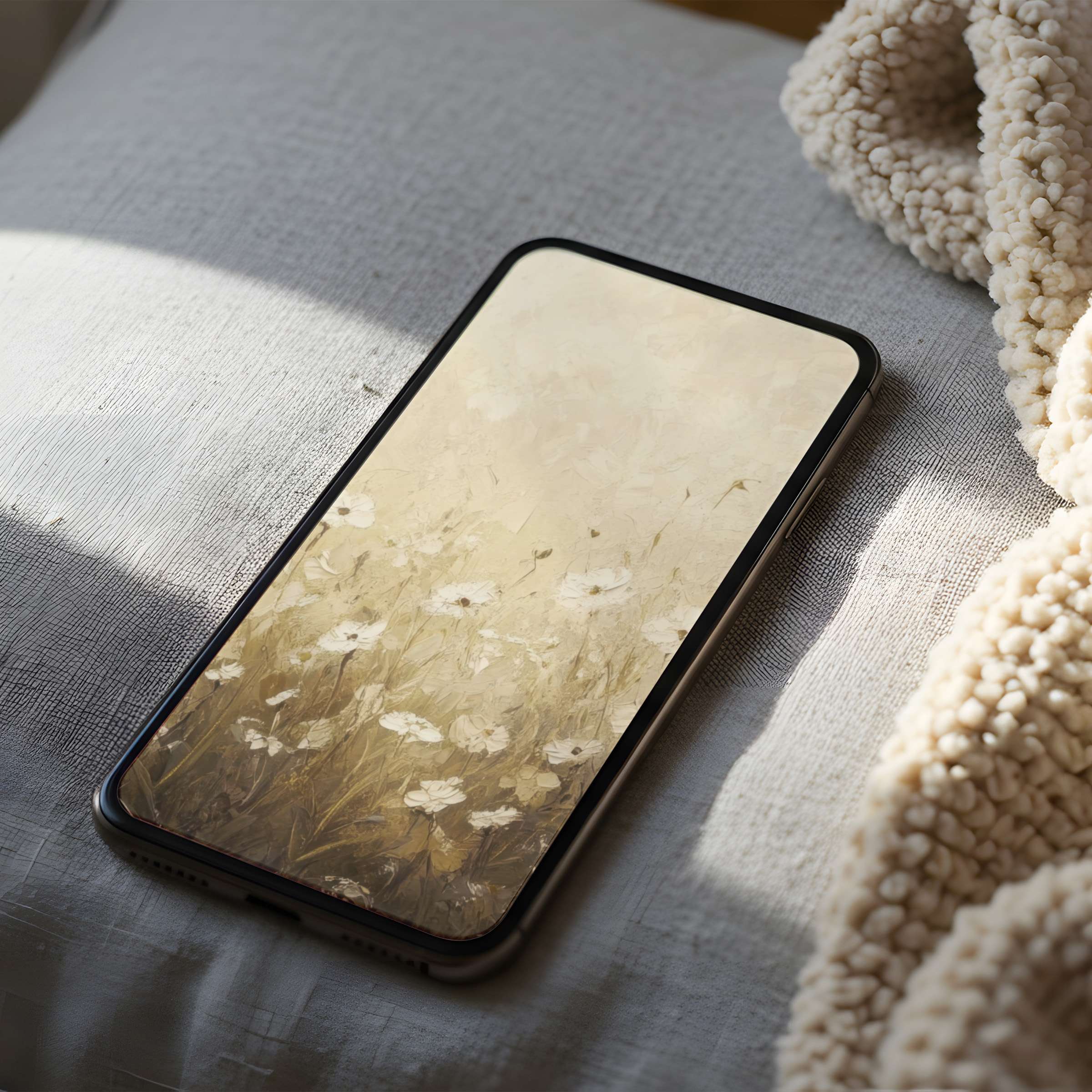 Elegant floral phone wallpaper with calming beige tones and delicate white blossoms, perfect high-resolution download for iPhone or android tranquility