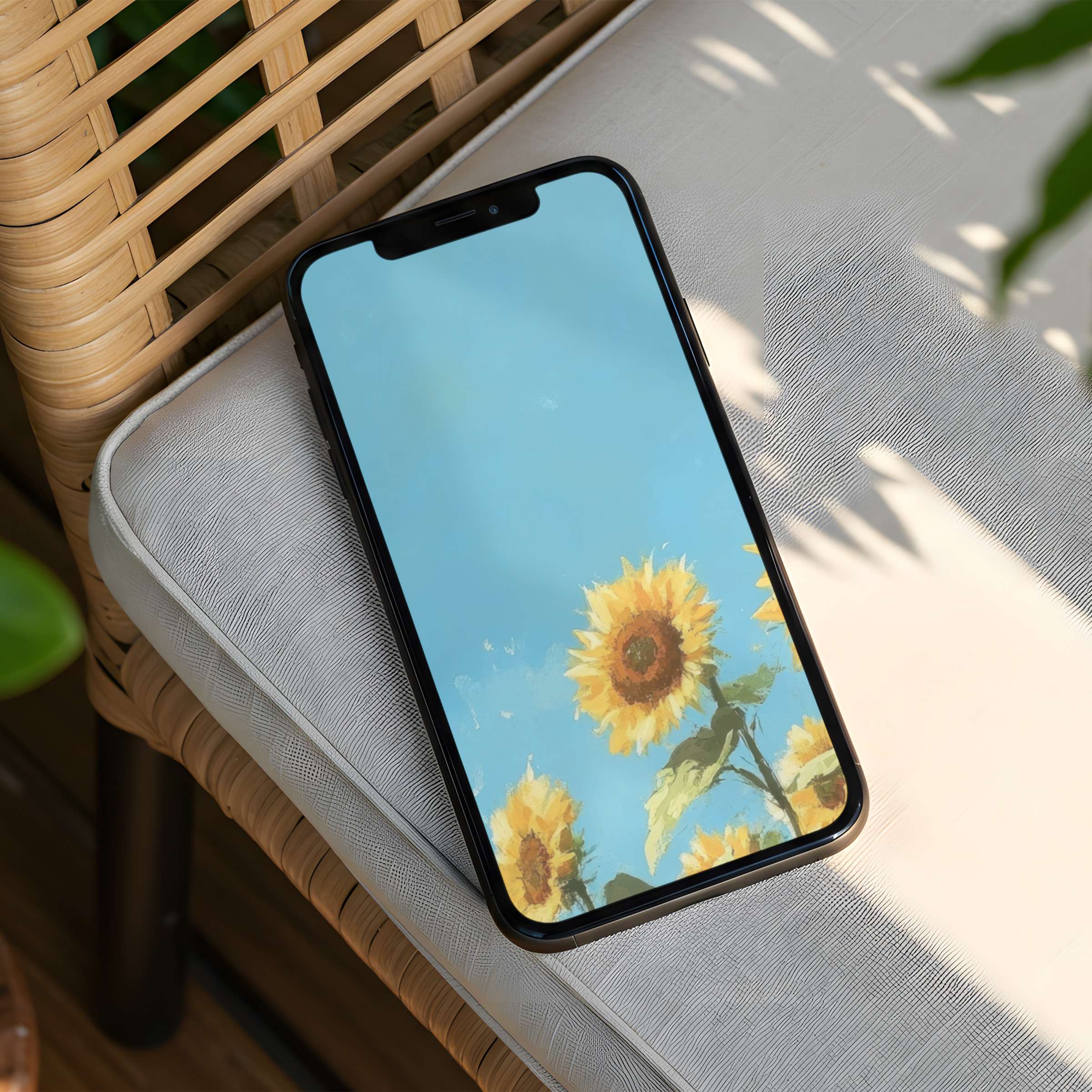 Sunflower iPhone background radiates calm elegance with blue sky art instant download for mindful phone aesthetics