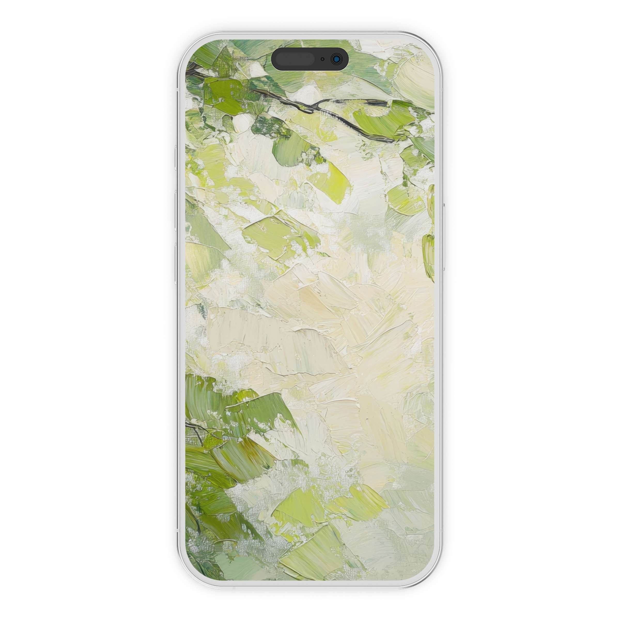 Elegant spring iPhone wallpaper with soft green and cream brushstrokes, perfect phone background as a digital download for serene style