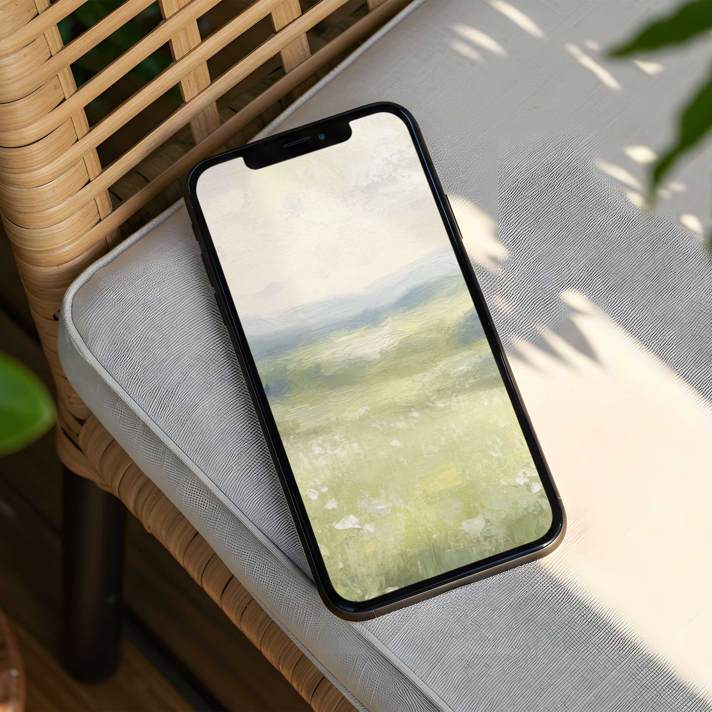 Elegant iPhone background featuring serene pastel landscape painting, perfect for instant download to enhance any phone's calm aesthetic
