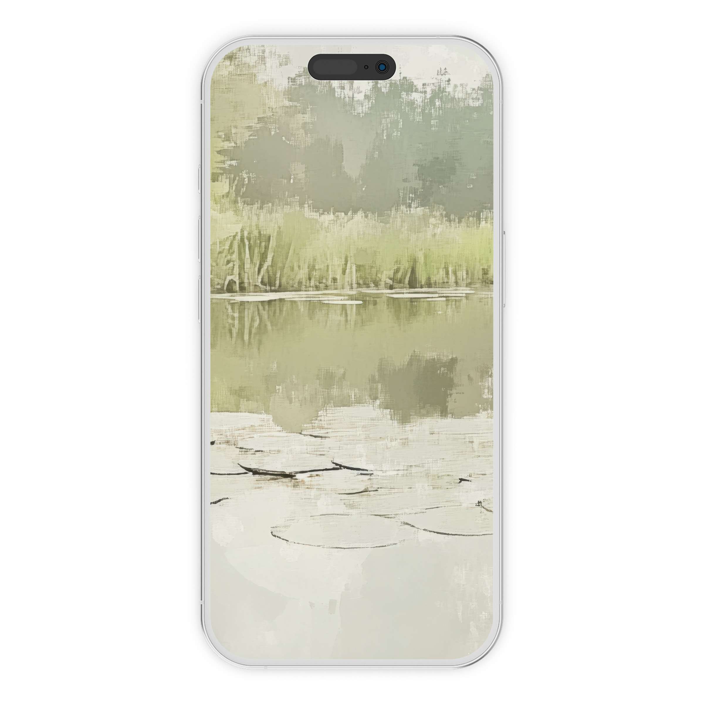 Serene spring iPhone wallpaper featuring tranquil lake and lush greenery, perfect phone background digital download for elegant design lovers