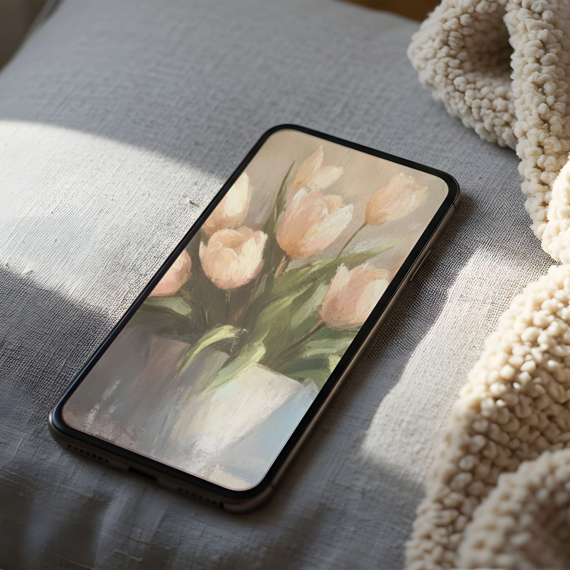 Elegant tulip artwork phone wallpaper in soft pastels enhances calm interiors curated for high resolution iPhone and Android download