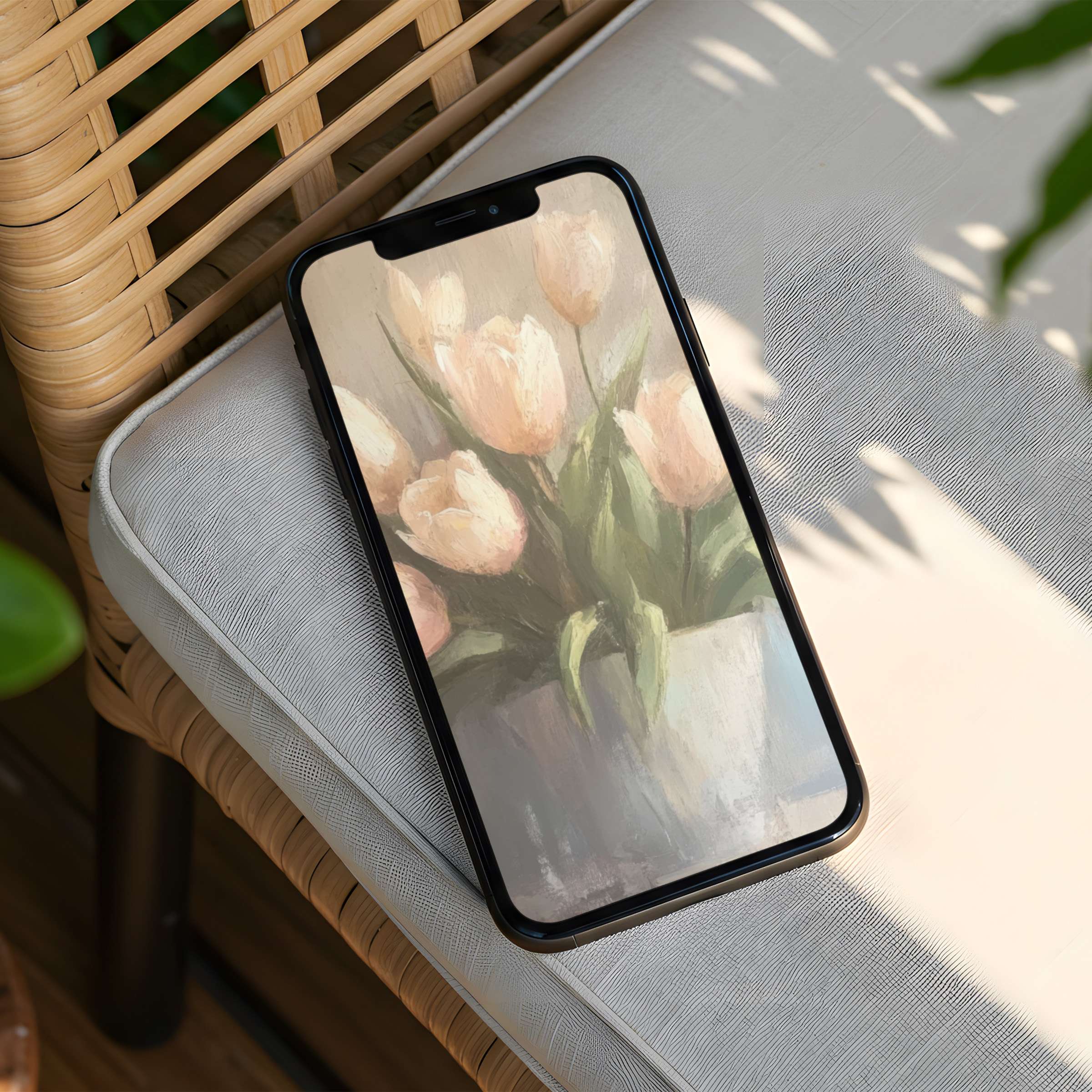 iPhone background with soft pastel tulips painting offering calm elegance available for instant download fits all phone screens