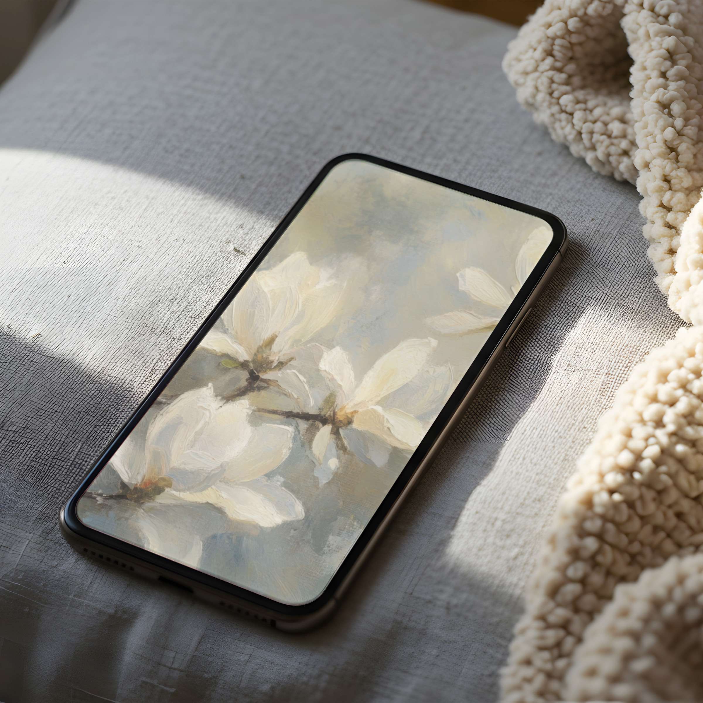 Elegant phone wallpaper featuring serene white blossoms on pastel tones, ideal for iPhone and Android, enhancing calm in any space