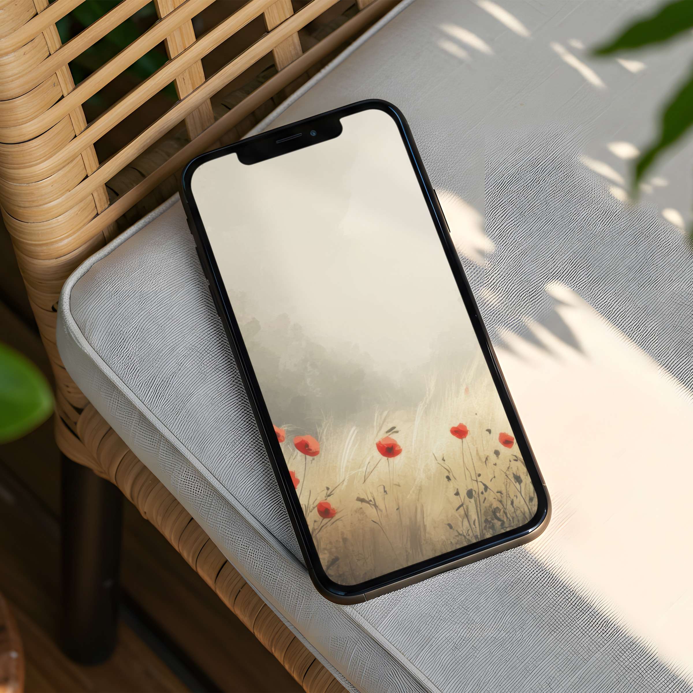 Elegant iPhone background with soothing misty fields and vivid poppies for instant download phone wallpaper on iPhone and Android