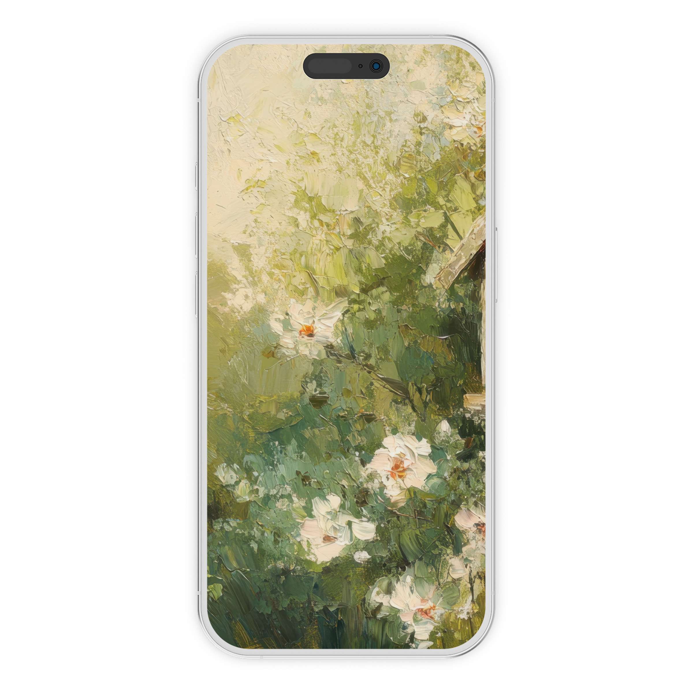 Serene spring iPhone wallpaper with lush green brushstrokes and soft florals enhances phone background elegance, available as a digital download
