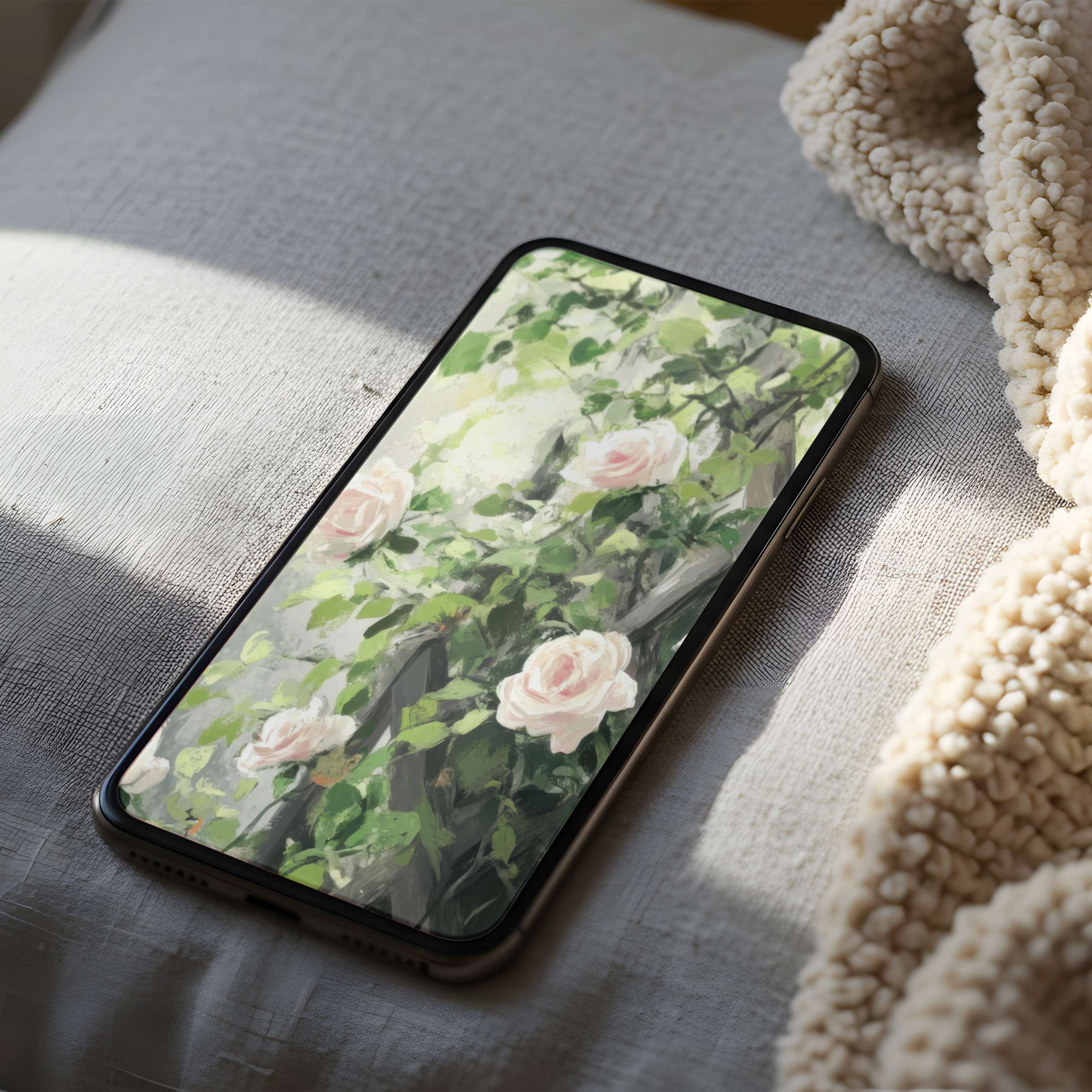Elegant floral phone wallpaper featuring serene roses and lush greenery for high resolution iPhone and Android screens digital download