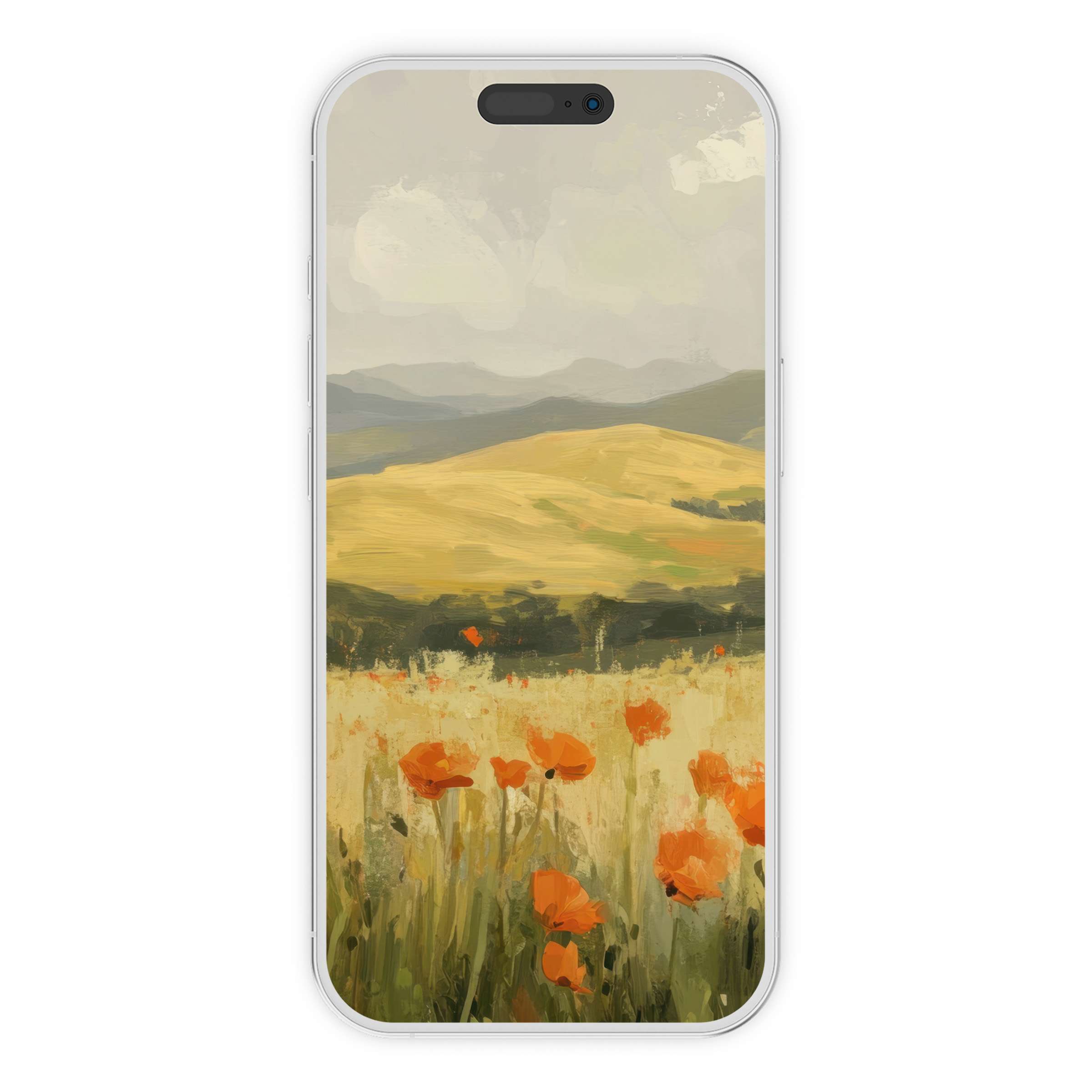 Spring iPhone wallpaper featuring serene rolling hills and blooming orange poppies, perfect phone background as a digital download for calm elegance