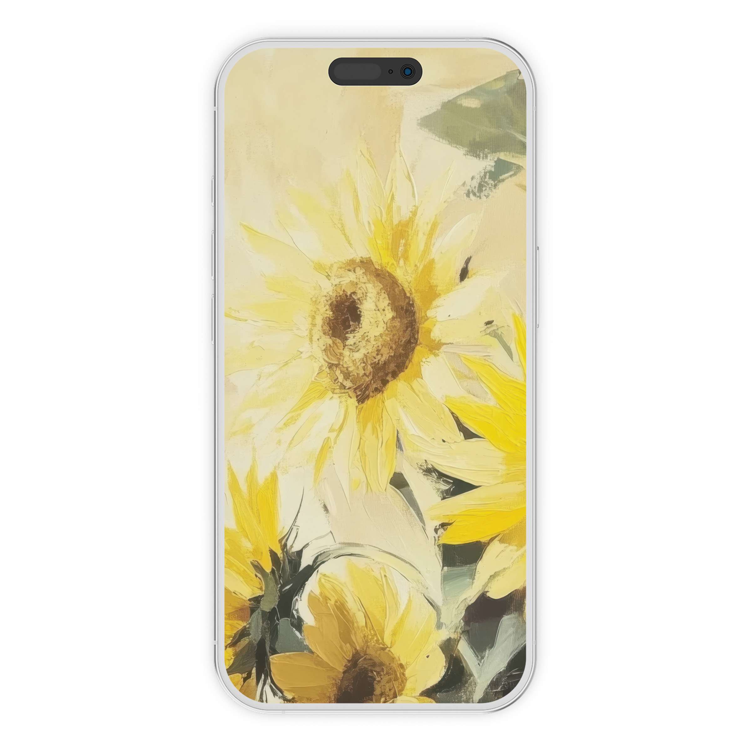 Spring iPhone wallpaper featuring vibrant yellow sunflowers in a soft watercolor style, perfect digital download for phone backgrounds