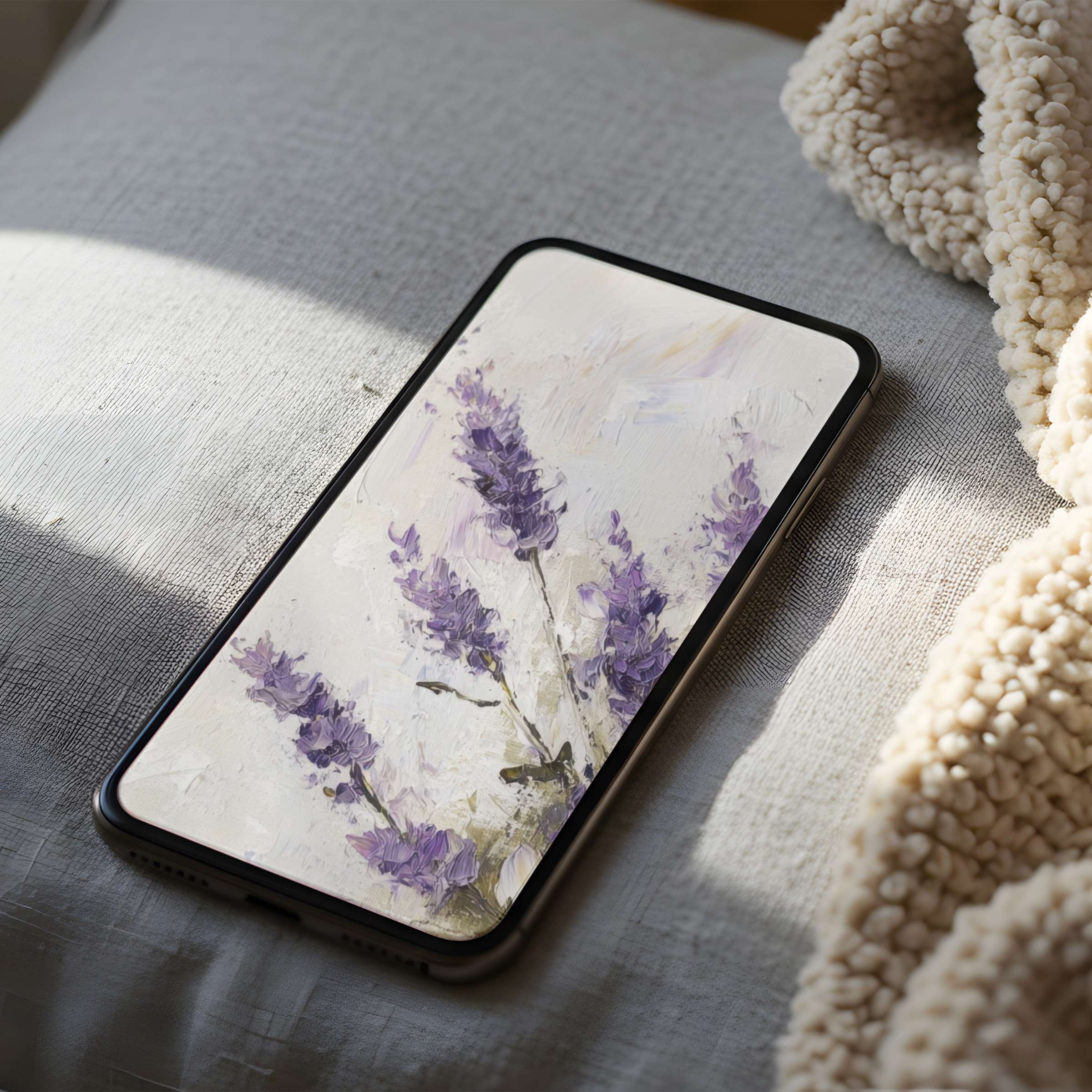 Lavender-themed phone wallpaper featuring elegant purple blooms set on a high resolution screen, ideal for iPhone and Android users seeking serenity