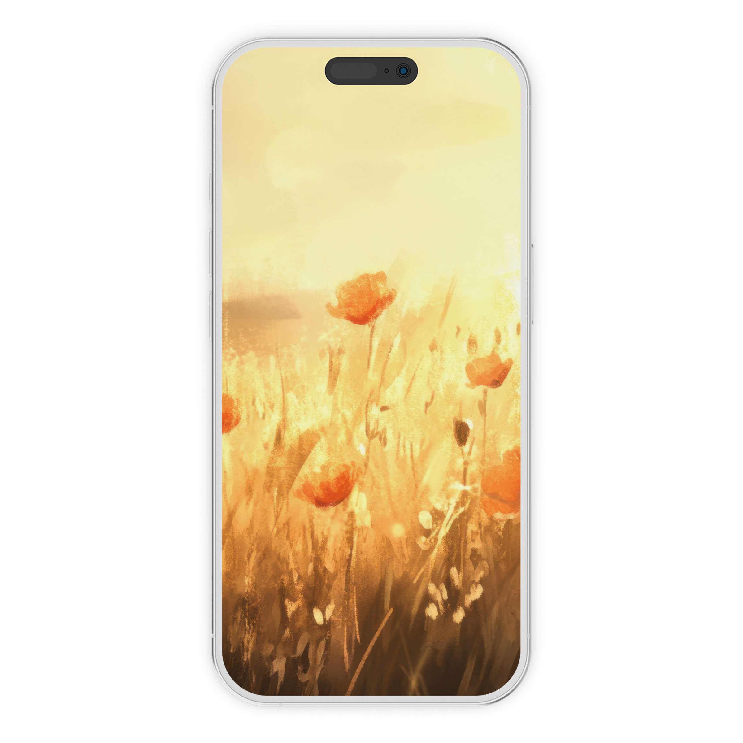 Warm spring iPhone wallpaper with golden fields and orange flowers offers a soothing phone background as a digital download option