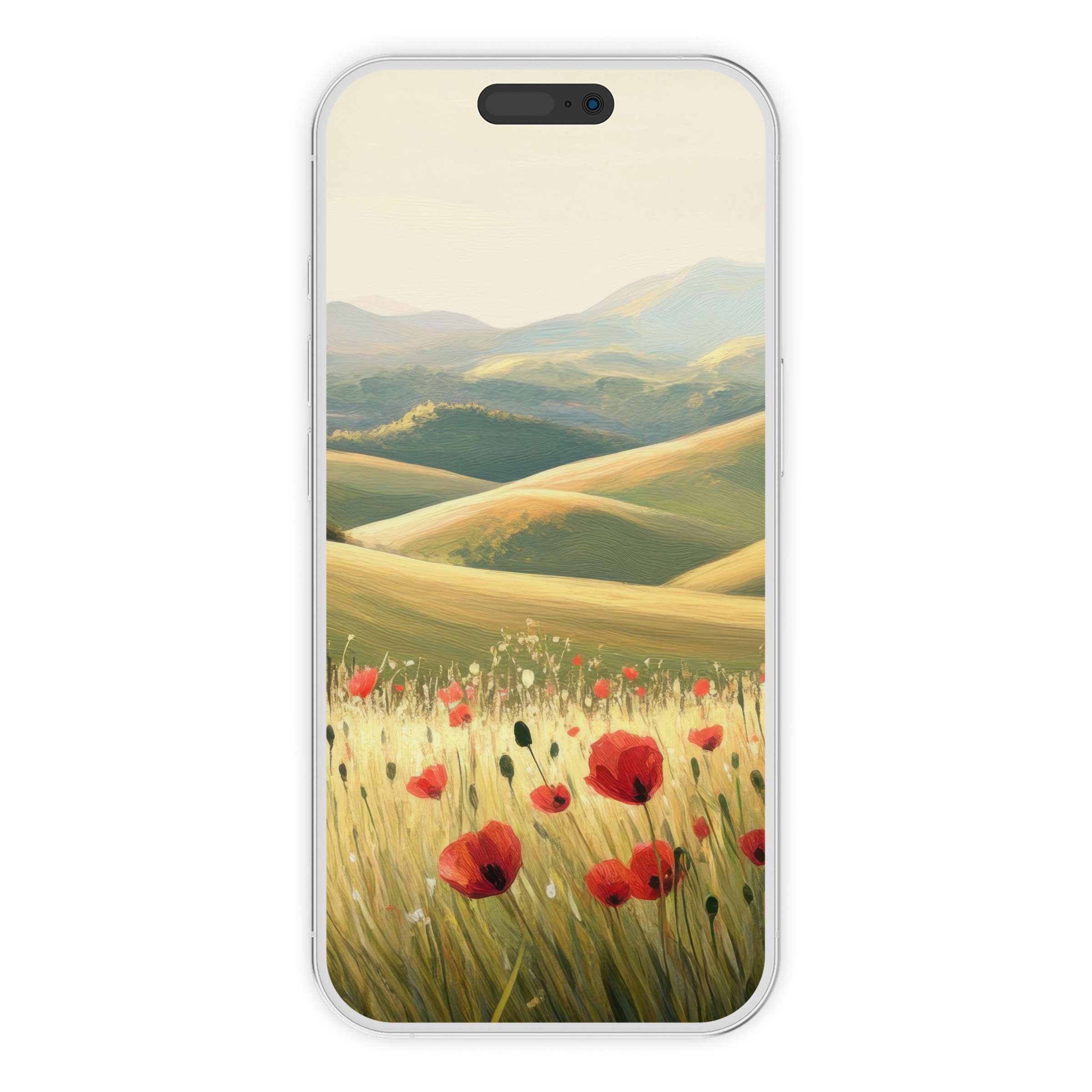 Elegant spring iPhone wallpaper featuring digital download of serene poppy fields and rolling hills, perfect phone background for tranquility