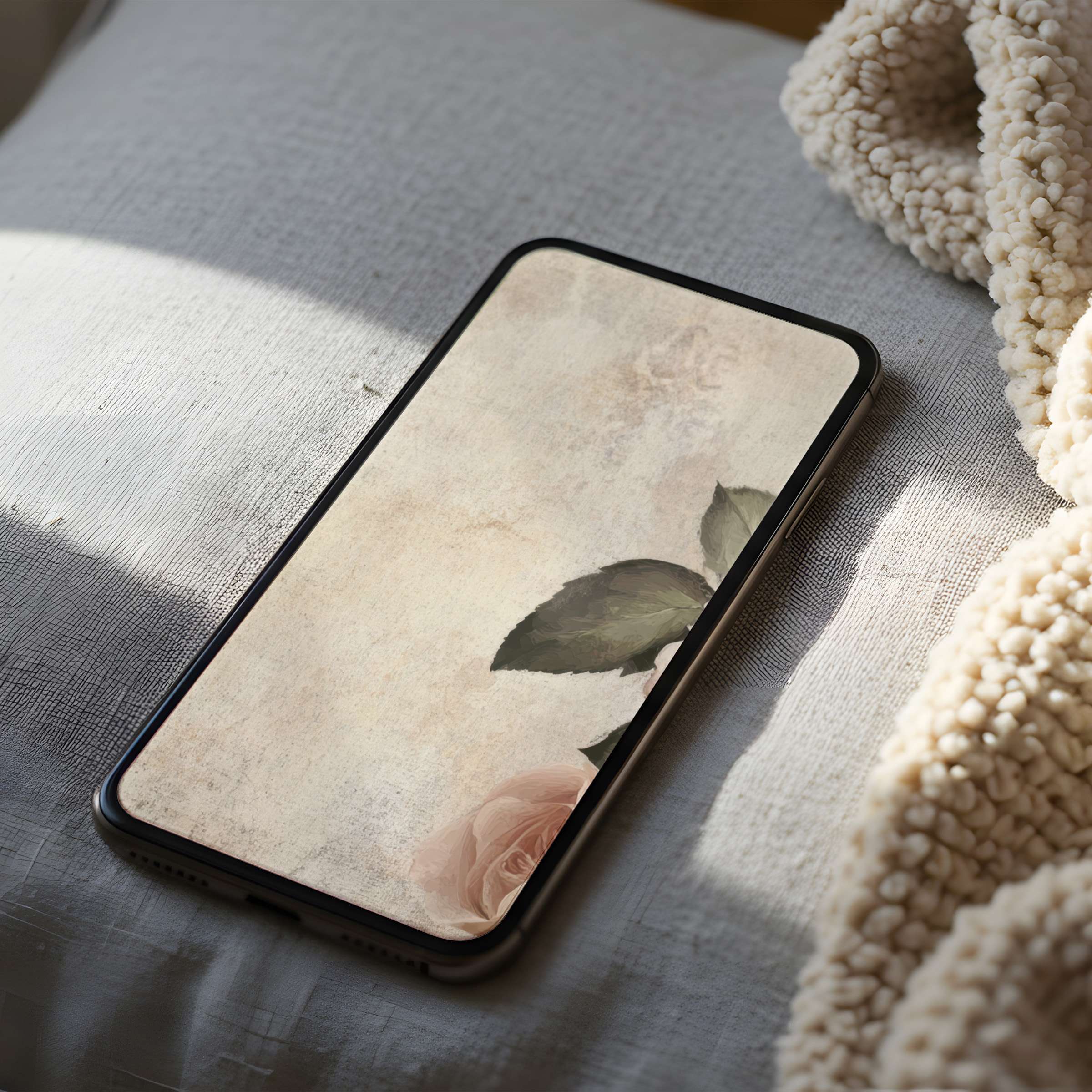 Elegant vintage rose phone wallpaper in soft beige tones, perfect for digital download on iPhone and Android high resolution screens