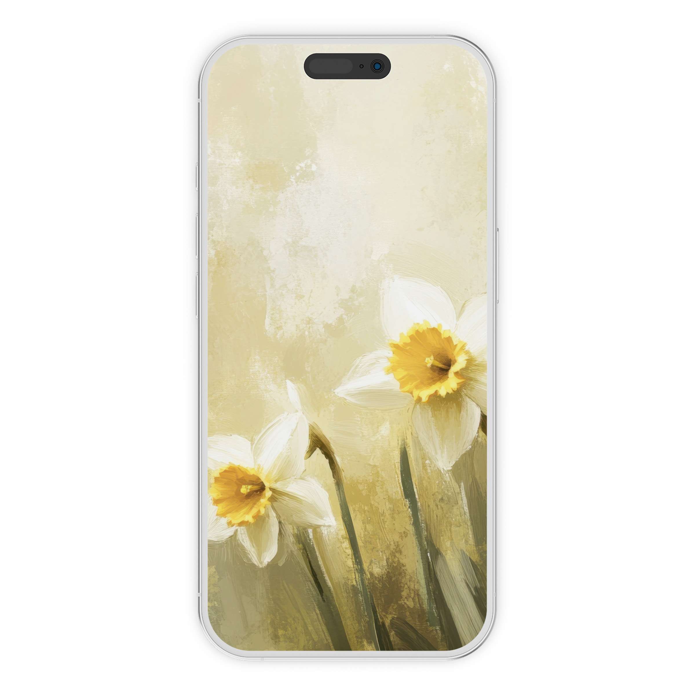 Spring iPhone wallpaper with soft yellow and white daffodils, offering an inspiring phone background for digital download, calm elegance