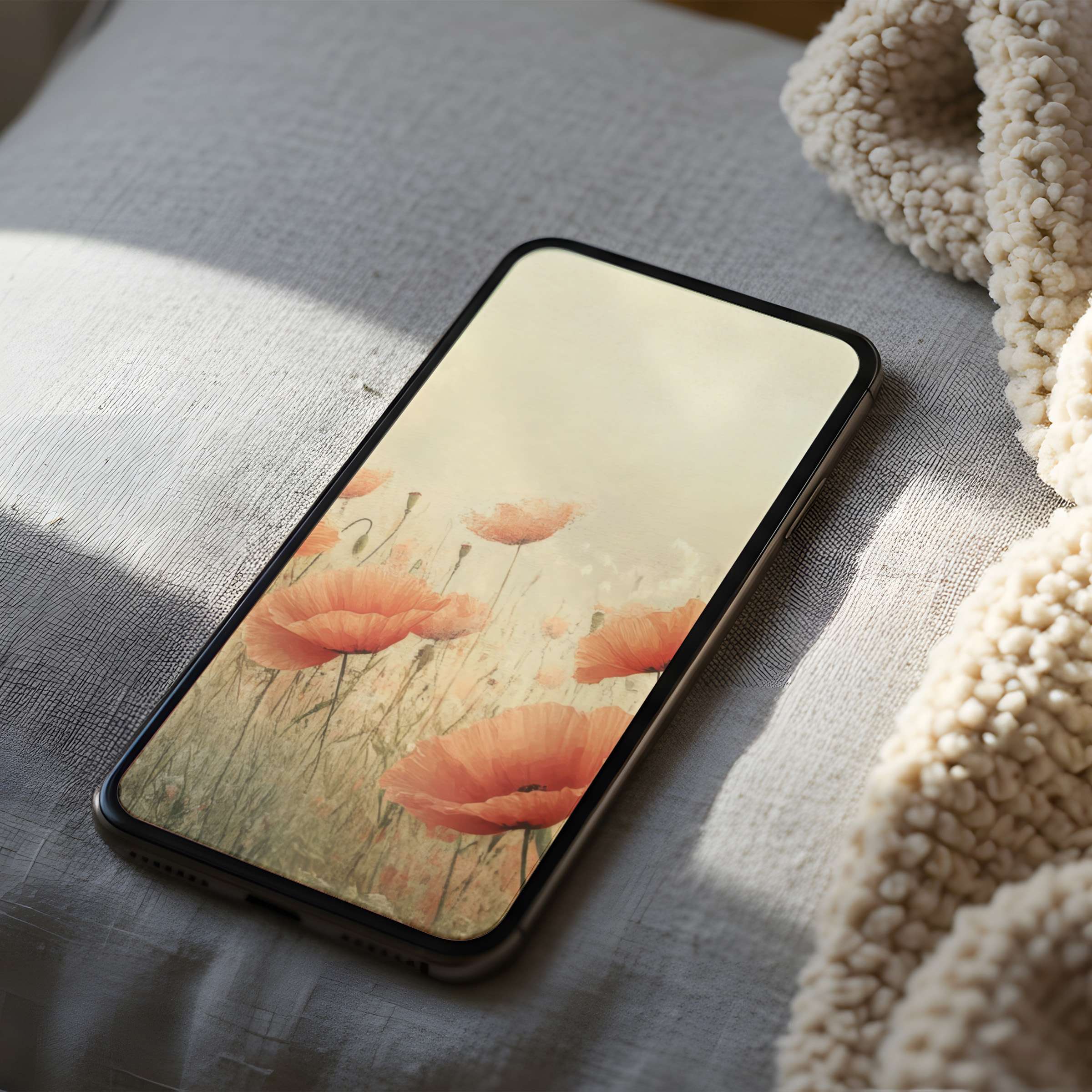 Elegant poppy field phone wallpaper in soft, serene colors perfect for iPhone and Android digital download calming interiors