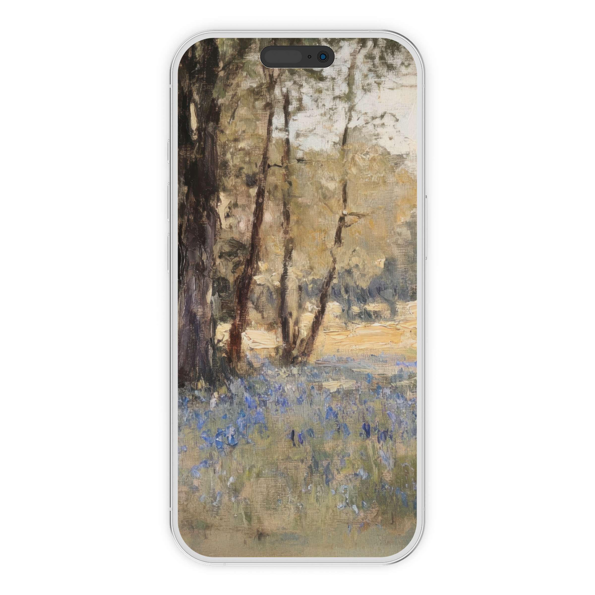 Elegant spring iPhone wallpaper featuring a serene meadow scene with blue flowers and trees for a calming phone background digital download