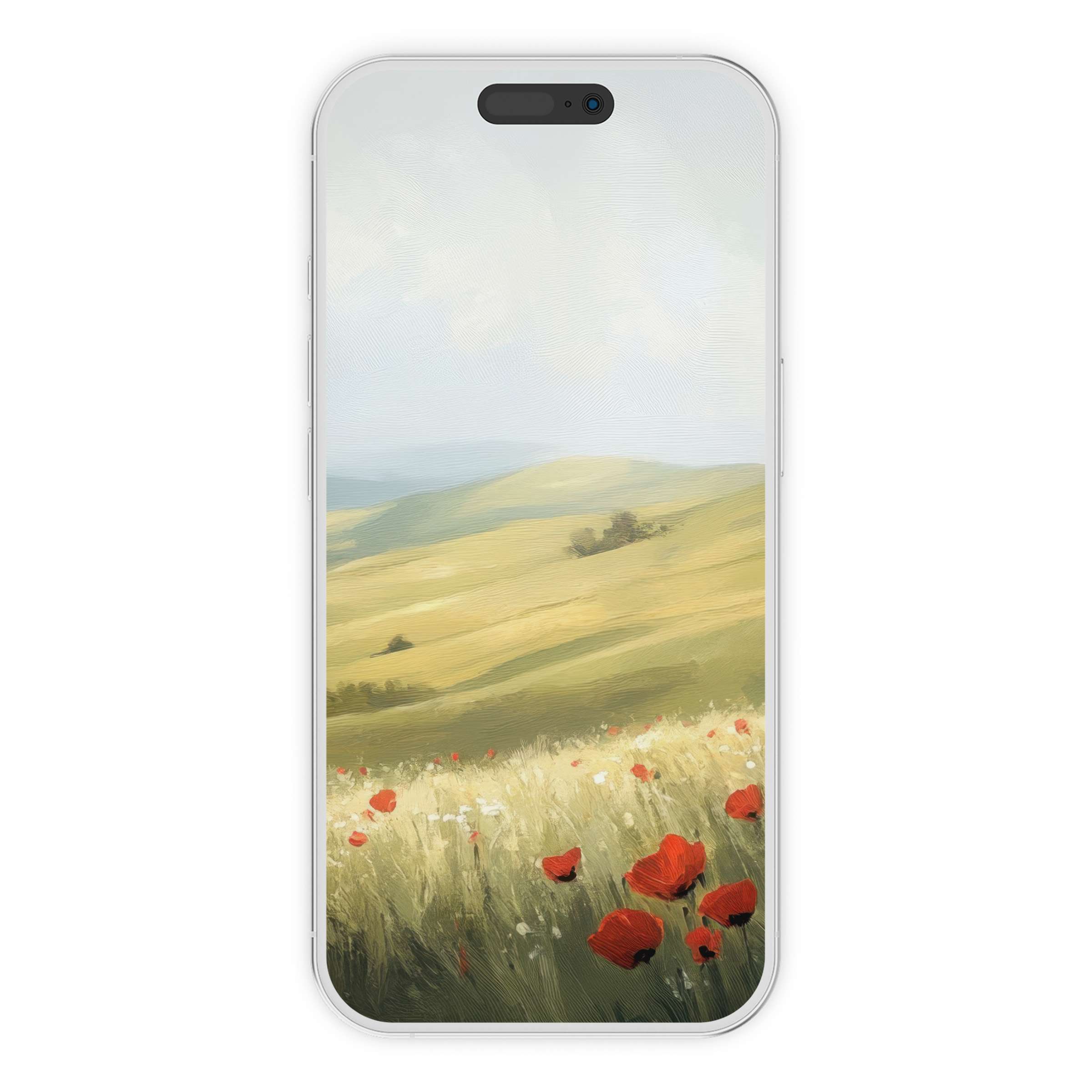 Spring iPhone wallpaper featuring elegant hills and vibrant red poppies, a calming digital download for a serene phone background