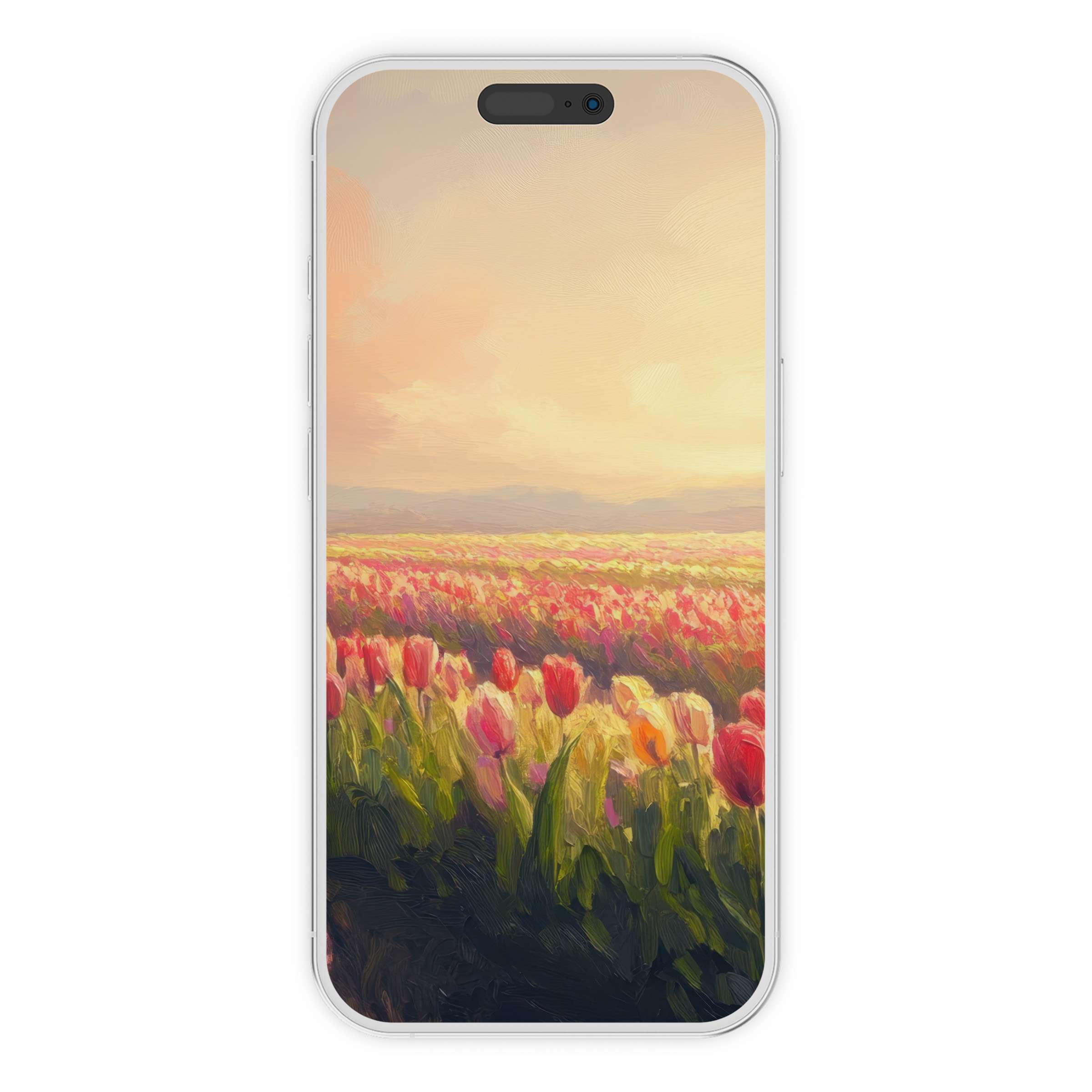 Vibrant tulip fields at sunrise create a serene spring iPhone wallpaper, perfect for phone backgrounds, digital download, and artistic flair