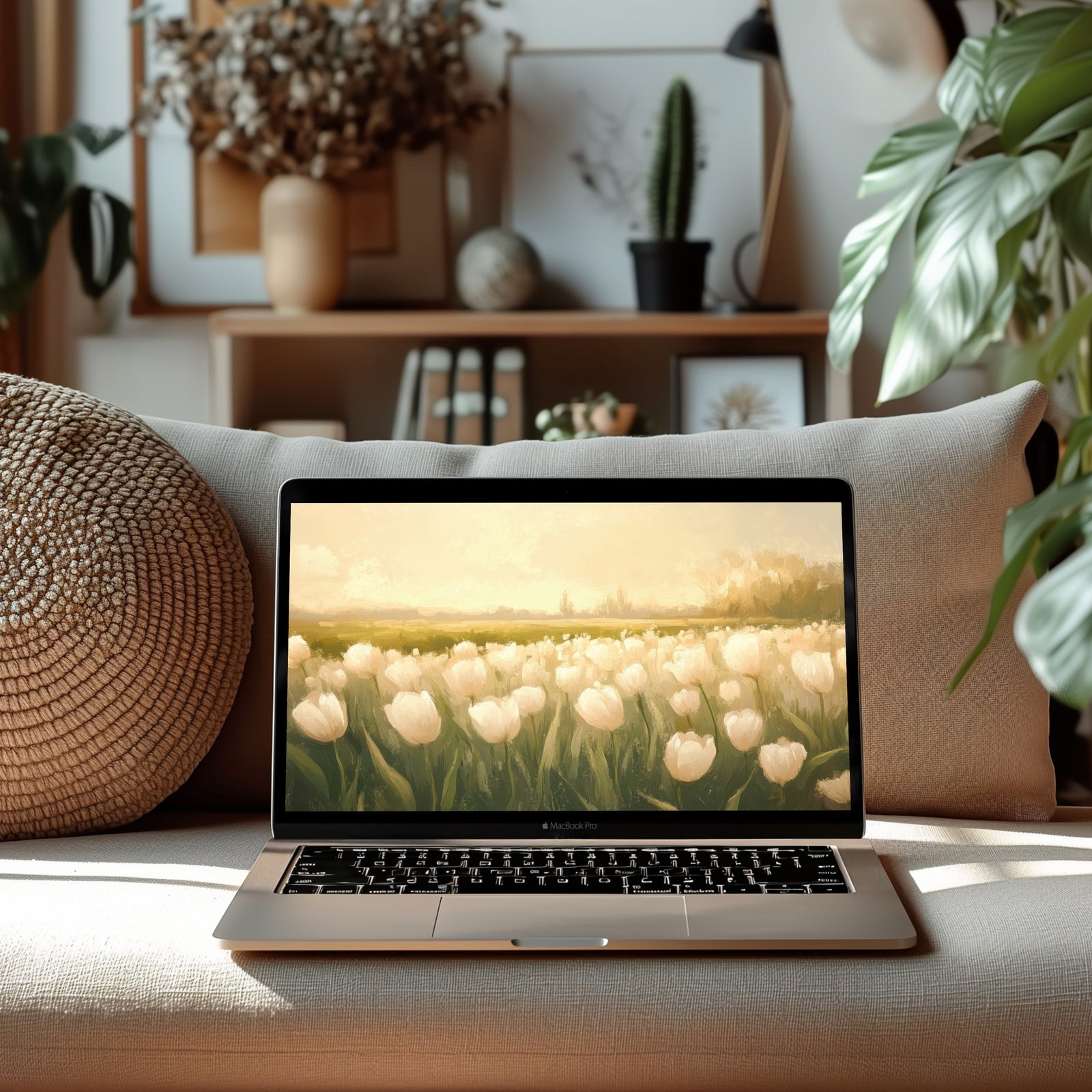 Spring Background for Mac with Tulips in Modern Living room