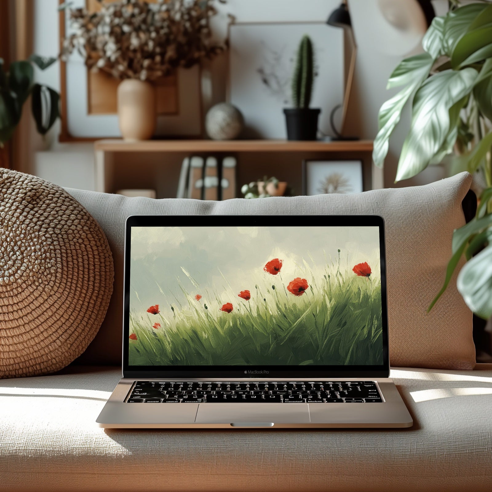 Spring desktop wallpaper featuring red poppies swaying in green grass under a soft sky - a bright and refreshing digital art design that brings warmth, renewal, and natural beauty to your workspace