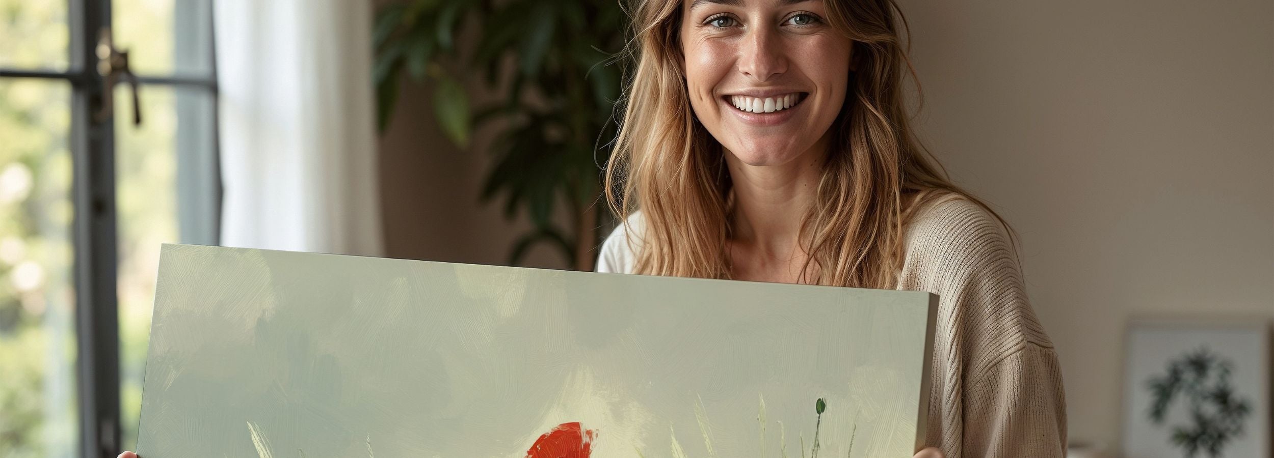Woman holding a spring printable wall art featuring soft green grass and bright red poppy flowers, styled in a warm, natural home setting. Light, airy aesthetic ideal for calm, nature-inspired decor