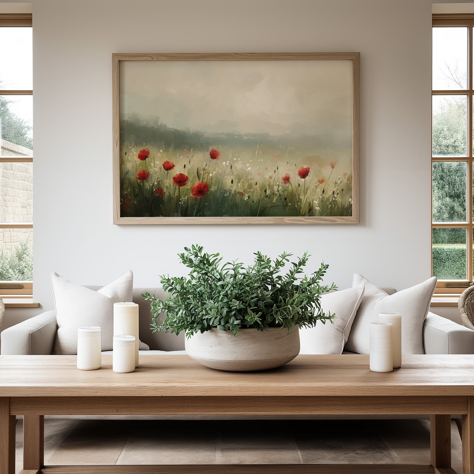 Spring printable wall art featuring a peaceful meadow with red poppies and soft mist, displayed in a bright, modern living room with natural wood accents and neutral tones