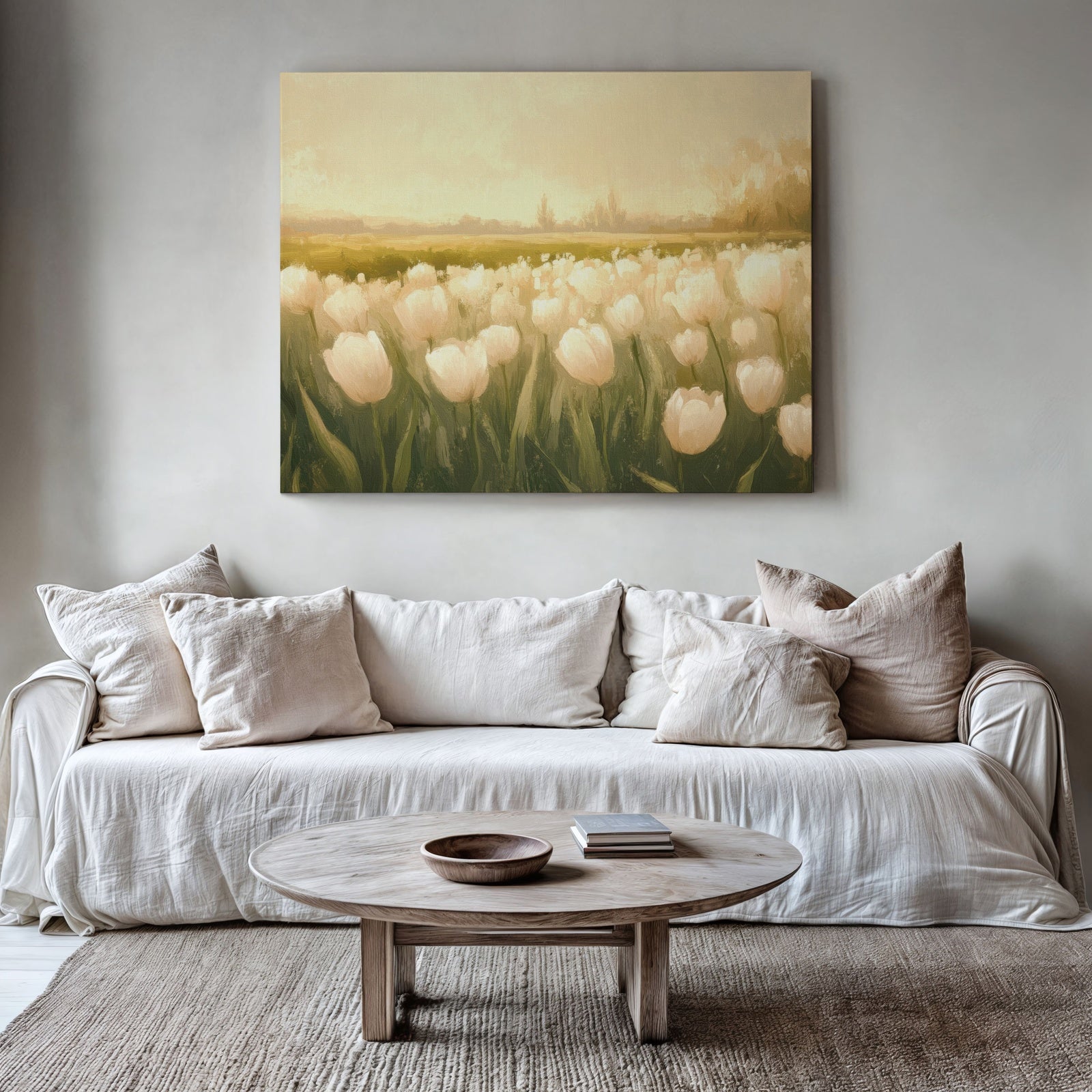 Soft spring floral wall art with pastel tulips in a warm sunrise landscape, styled above a neutral modern sofa - printable spring décor for a calm, serene home