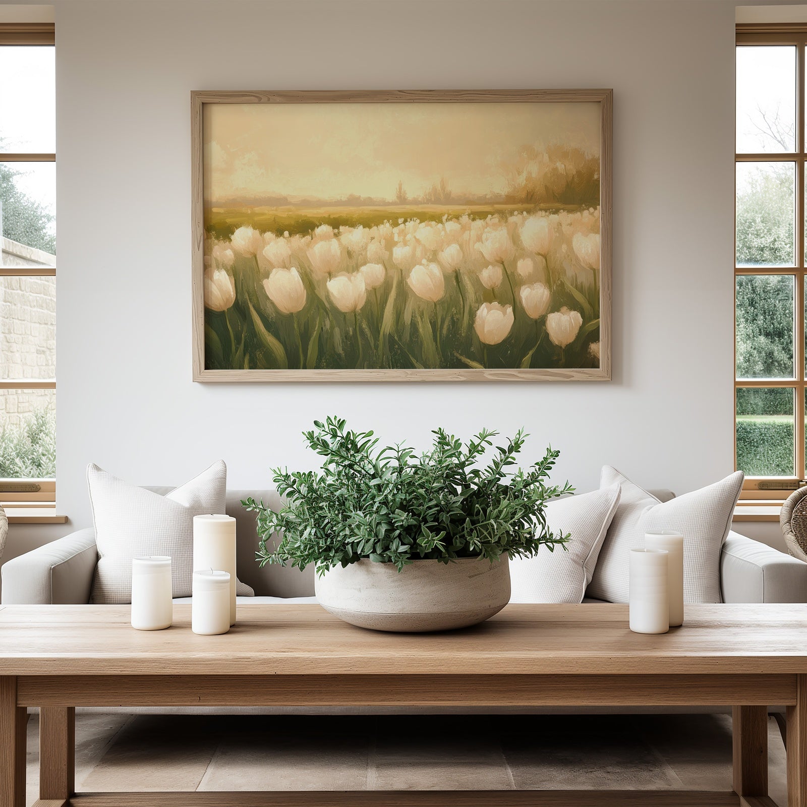 Downloadable Spring Art with Tulips in Modern Living Room