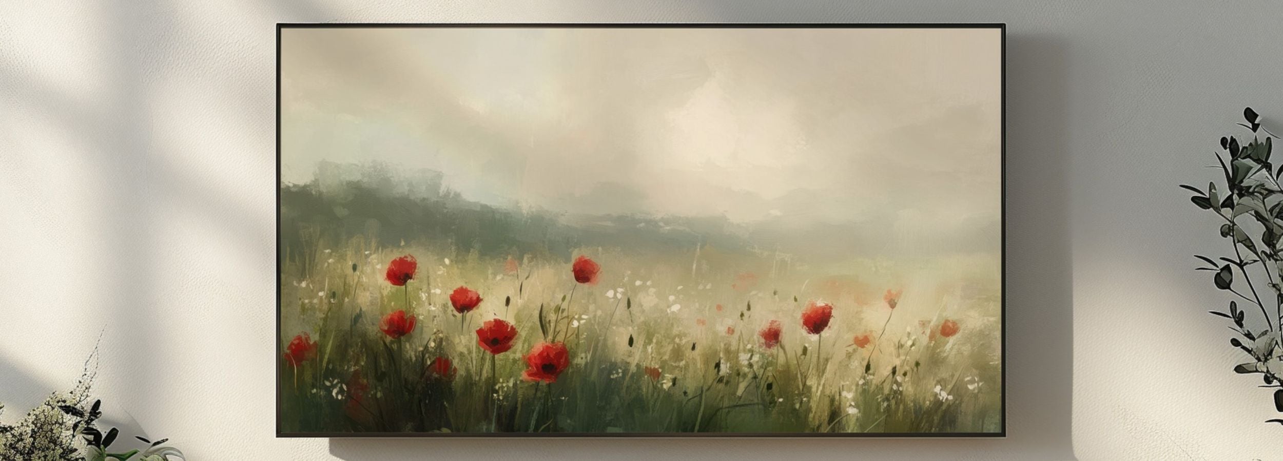 Spring meadow landscape with soft morning light and red poppy flowers, calm and dreamy wall art for Samsung Frame TV decor
