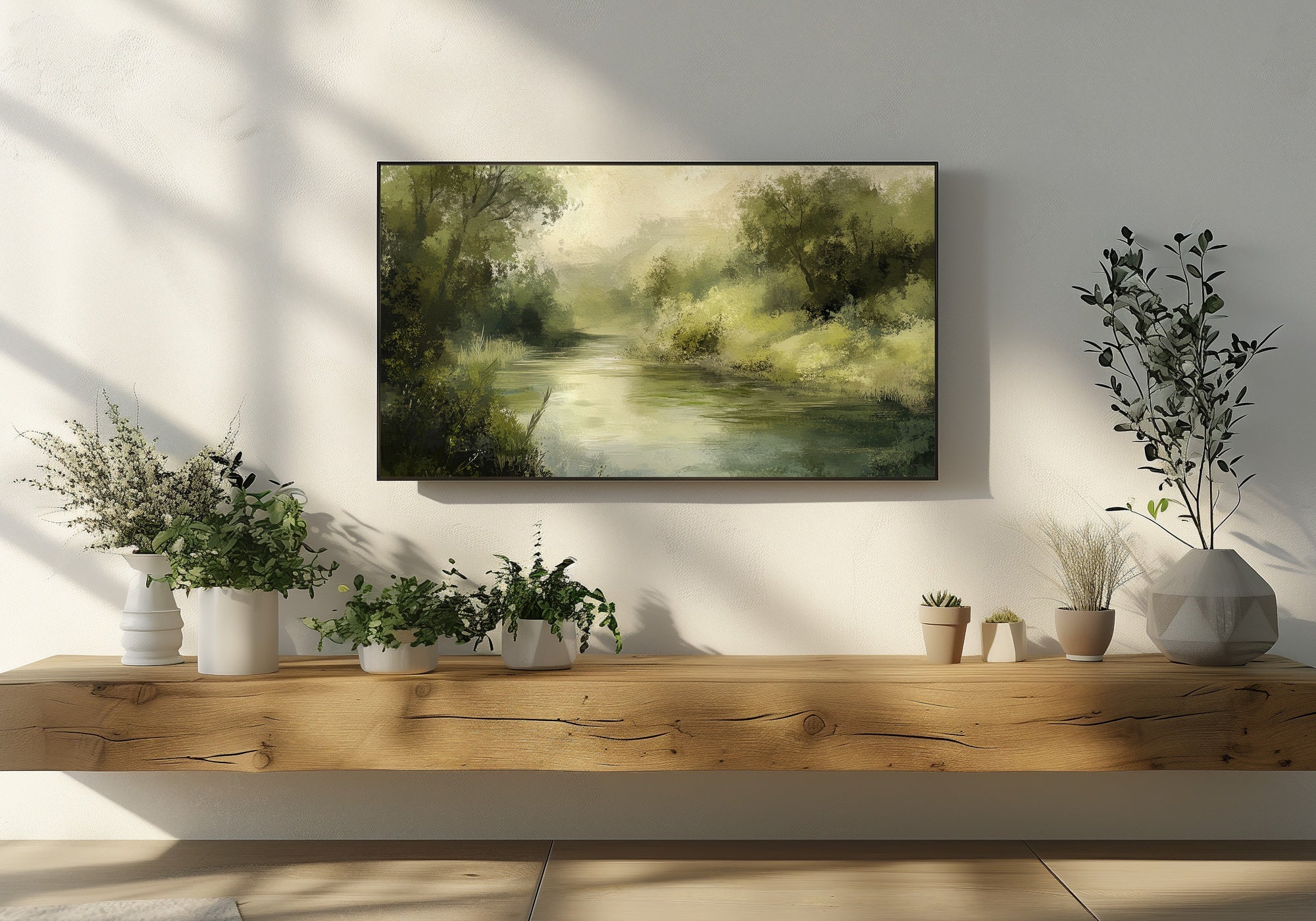 Spring Frame TV Art featuring a peaceful riverside landscape with soft sunlight, lush green trees, and calm reflections - bringing freshness and serenity to modern living spaces.