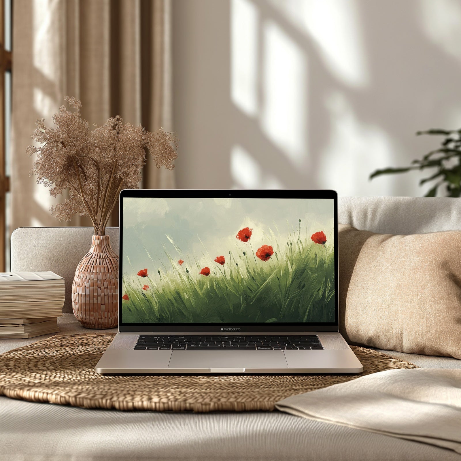 Calming spring desktop wallpaper with soft painterly green grass and red poppy flowers, creating a peaceful and uplifting nature-inspired workspace decor