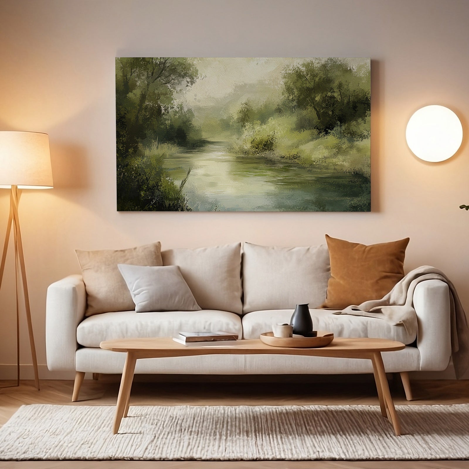 Spring printable wall art featuring a serene green landscape with a calm river surrounded by lush trees, adding freshness and tranquility to a cozy modern living room