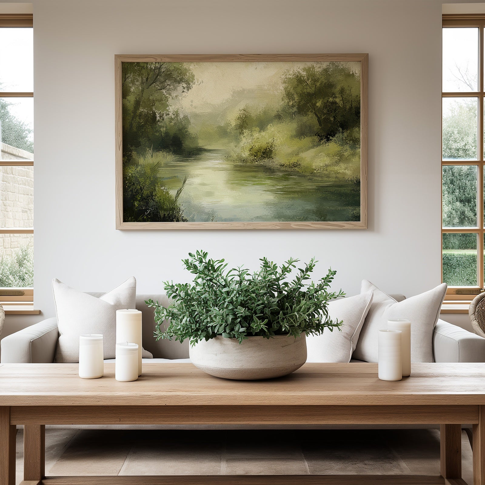 Serene spring landscape with a calm river surrounded by lush green trees, soft sunlight, and gentle painterly textures - peaceful nature printable wall art styled in a modern neutral living room