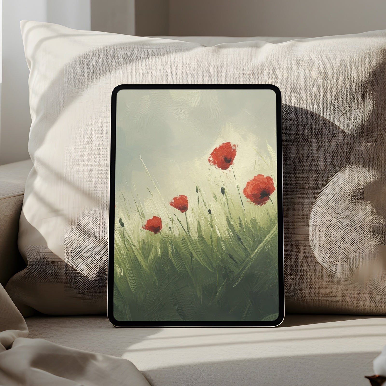Spring iPad wallpaper with red poppies swaying in soft green fields, light and airy tablet background that brings freshness, warmth, and seasonal charm to your digital space