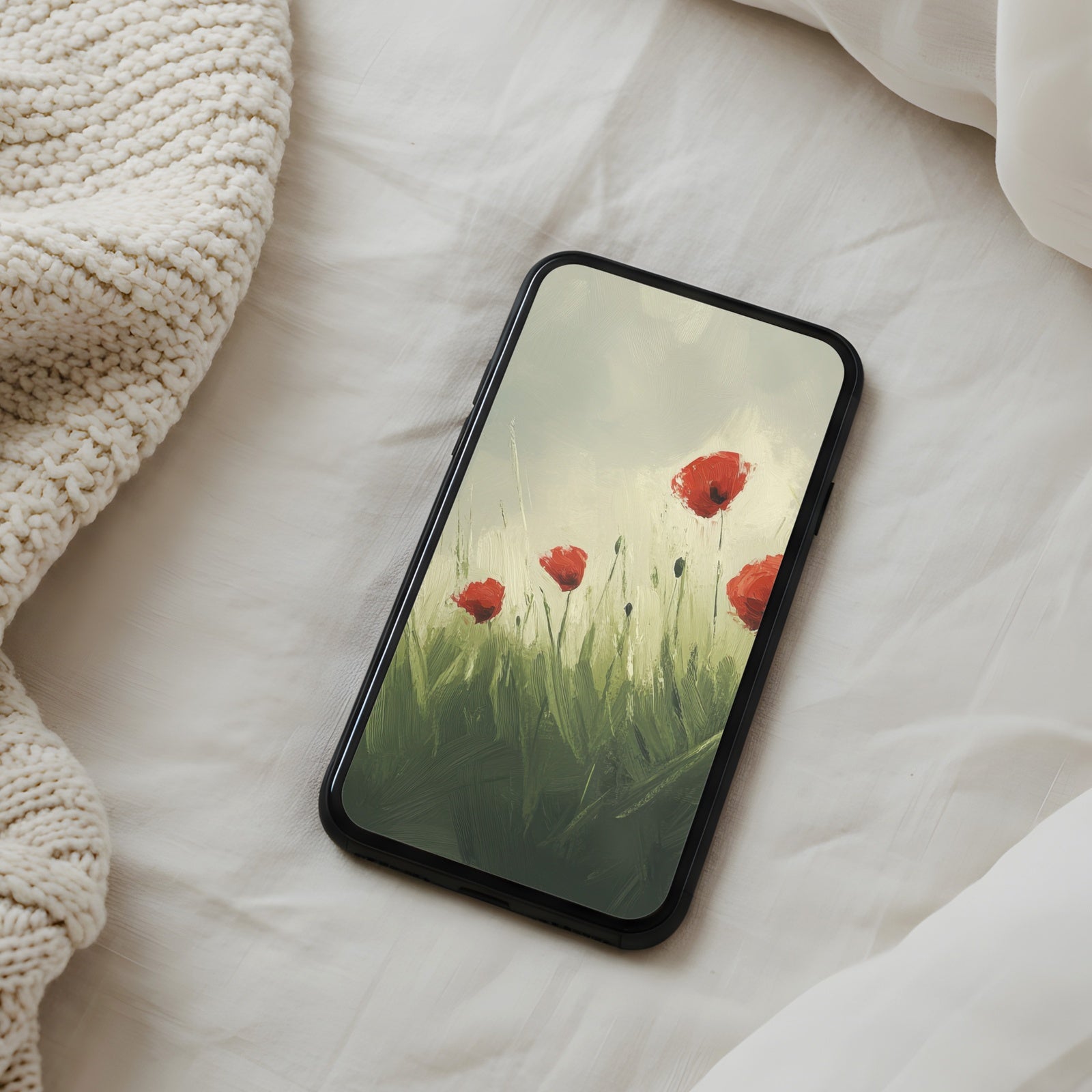 Spring phone wallpaper featuring soft red poppies in a gentle meadow - a calm, airy nature background for a warm and elegant home screen