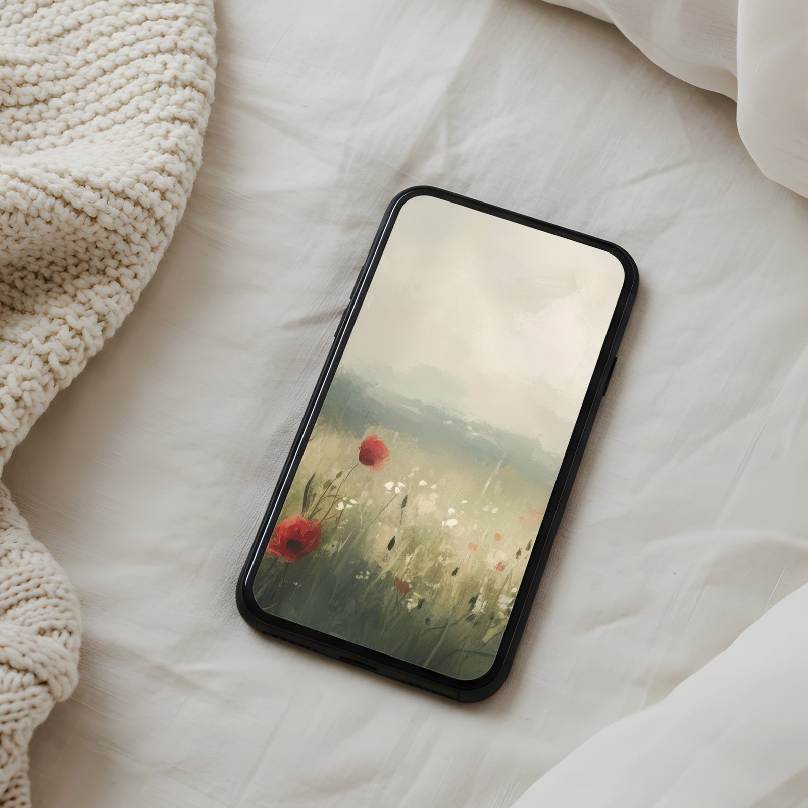 Spring phone wallpaper featuring a dreamy meadow with red poppies and soft morning light - a gentle, uplifting background for design lovers who adore calm, nature-inspired art
