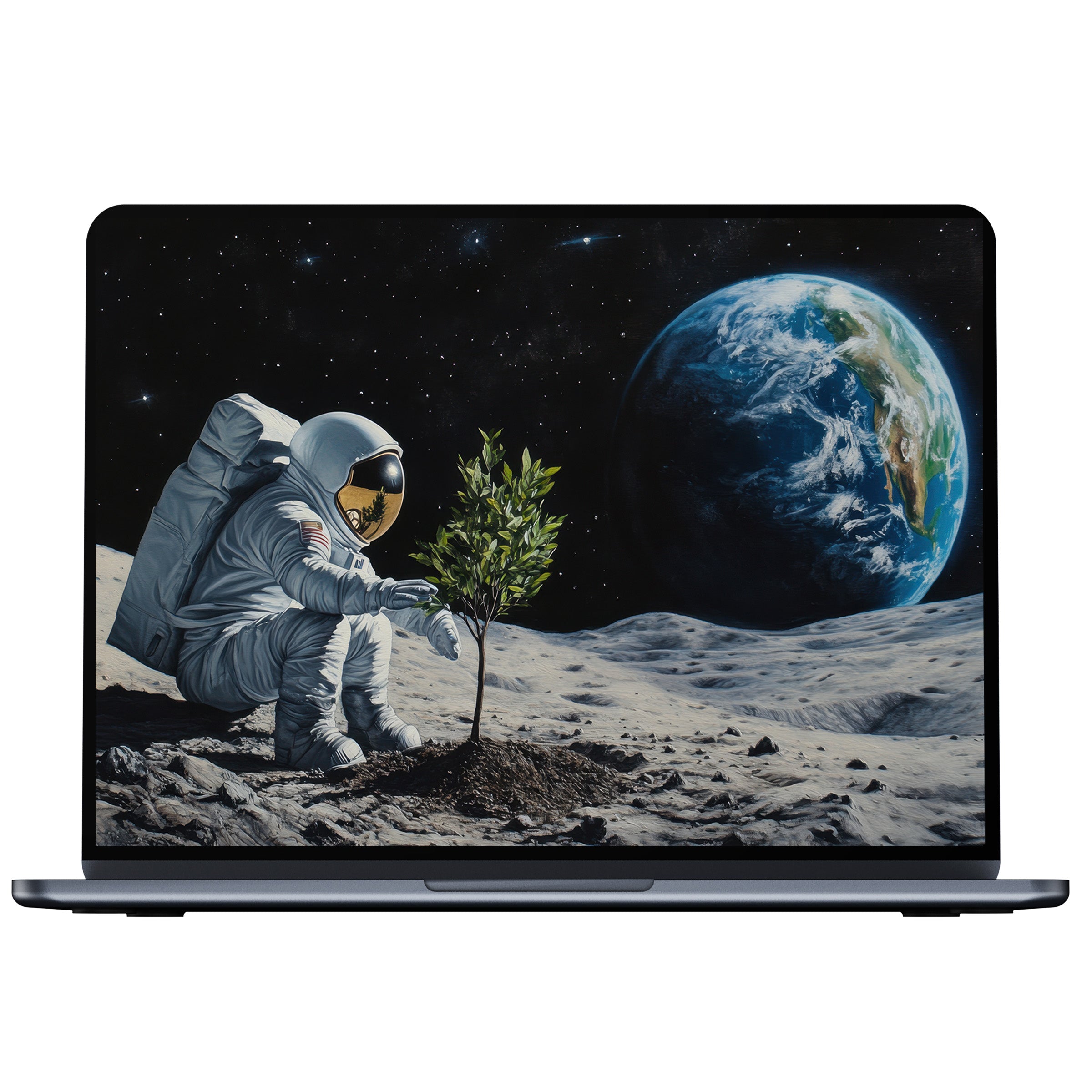 Street art desktop wallpaper with an astronaut planting a tree on the moon for digital download fits PC and laptop screens