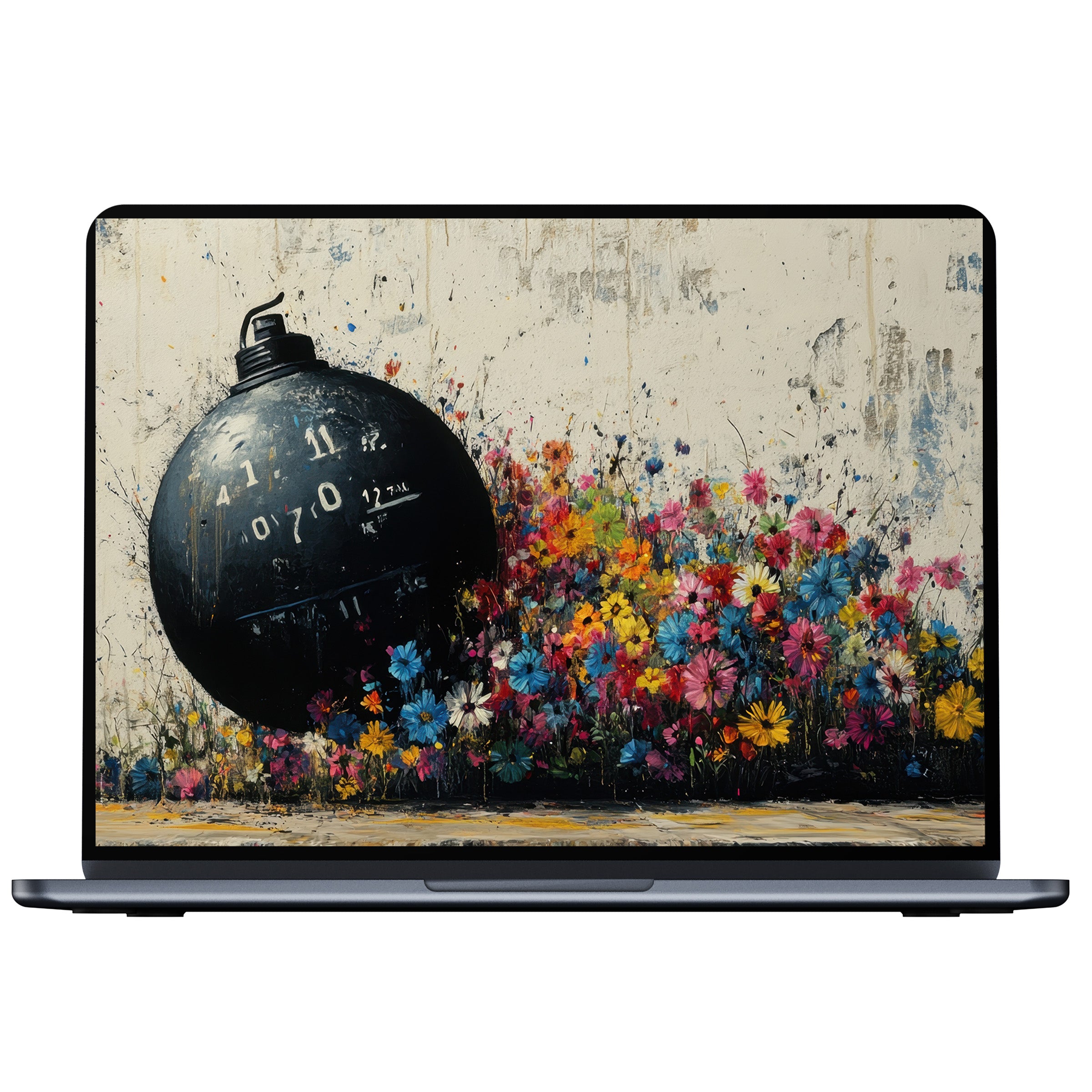 Vibrant street art desktop wallpaper featuring a dark clock against colorful flowers, ideal digital download for PC, laptop backgrounds