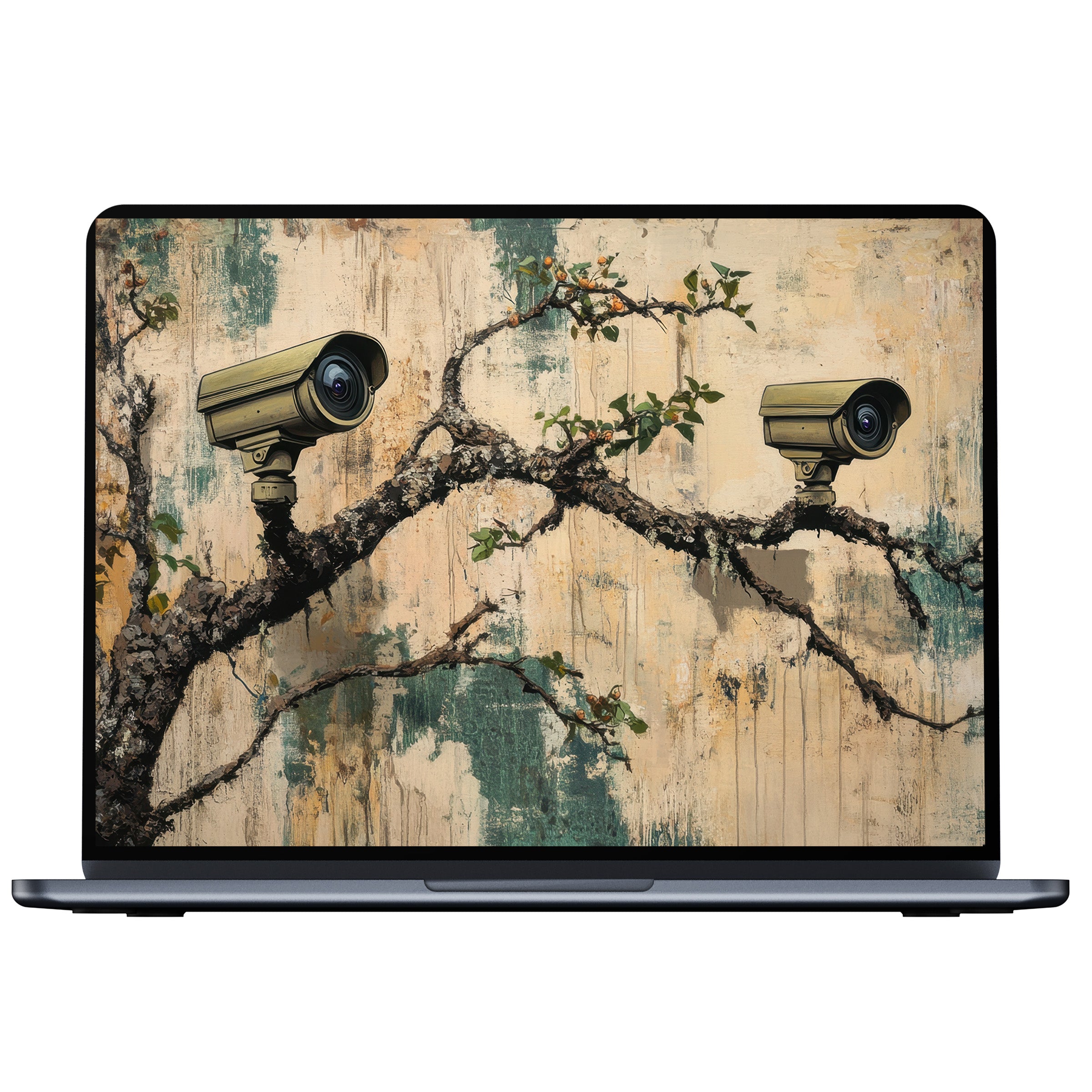 Elegant street art desktop wallpaper with organic branch textures and cameras evokes mindfulness, perfect digital download for PC, Laptop