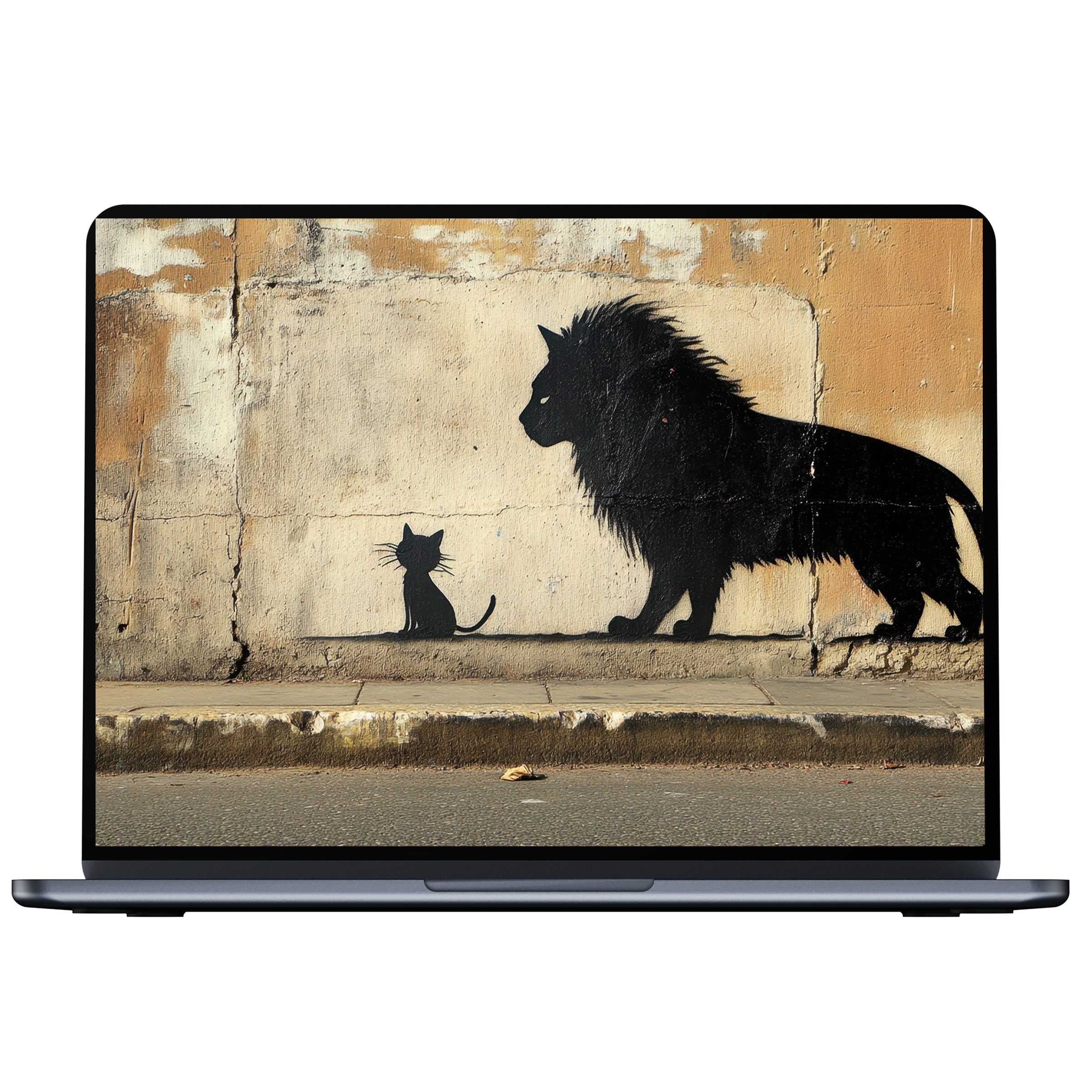 Street art desktop wallpaper featuring a cat and lion silhouette on a textured wall inspires calm and elegance for PC, laptop download
