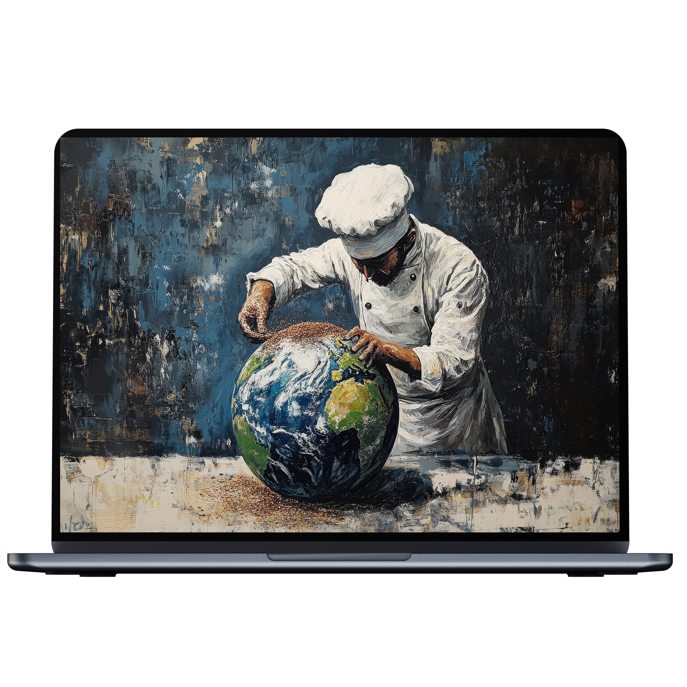 Street art desktop wallpaper featuring a painterly chef sculpting Earth enhances mindfulness on PC, laptop, Mac digital download