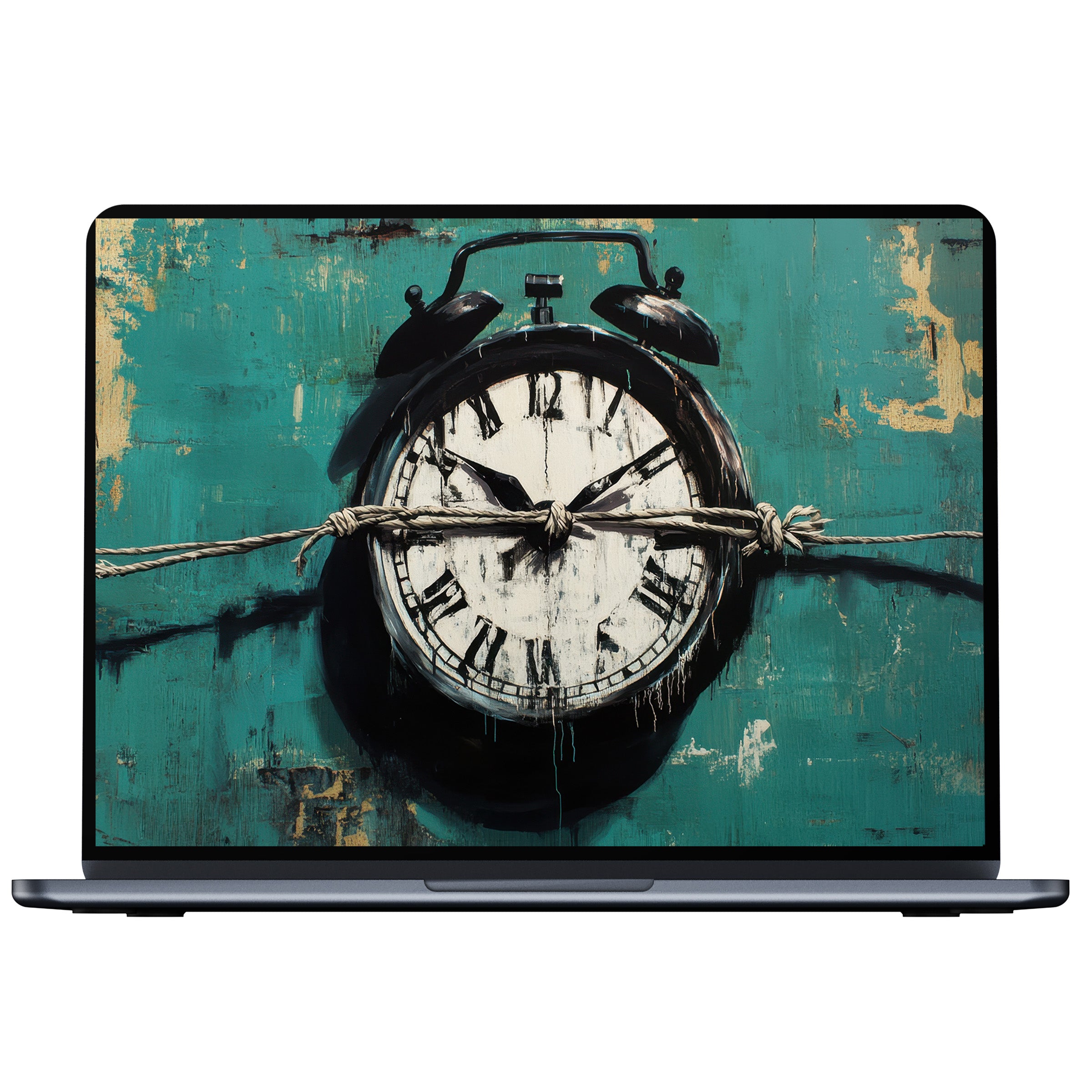 Street art desktop wallpaper featuring a vintage clock against a teal background offers inspiration and elegance for PC or laptop use