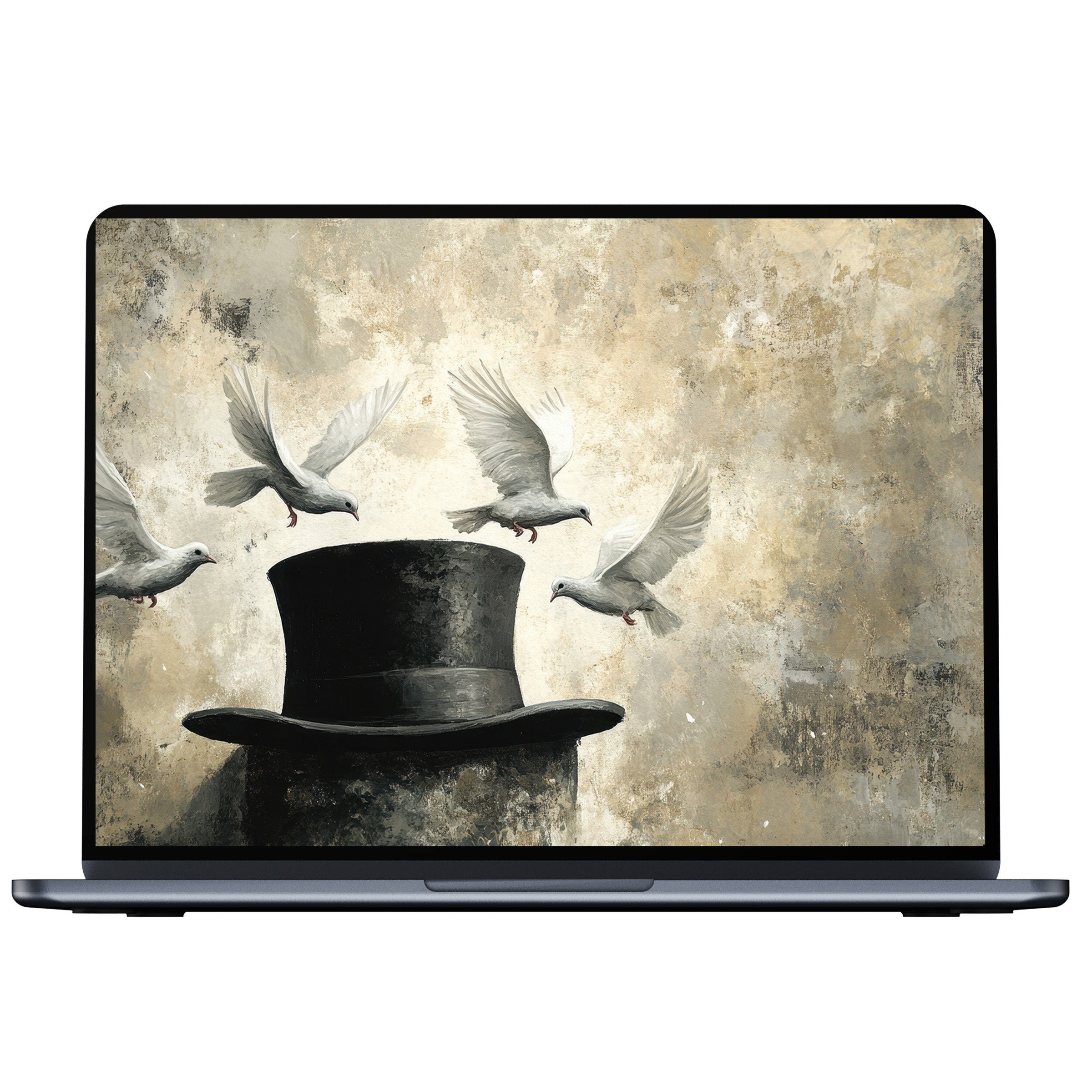 Elegant street art desktop wallpaper featuring doves and a top hat with calm, muted textures for digital download on PC, laptop