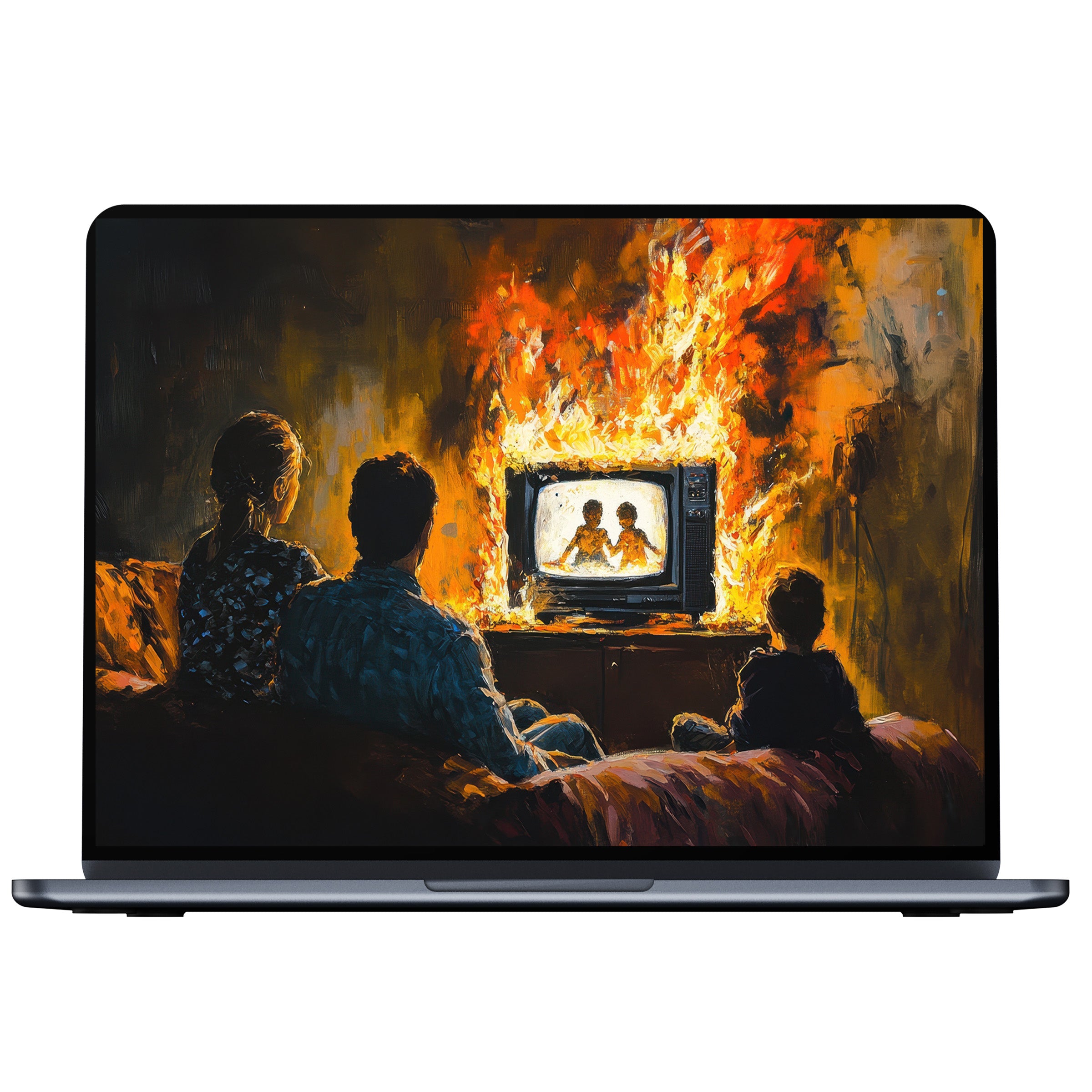Vivid street art desktop wallpaper with fiery hues and a serene family scene on screen digital download for PC or laptop