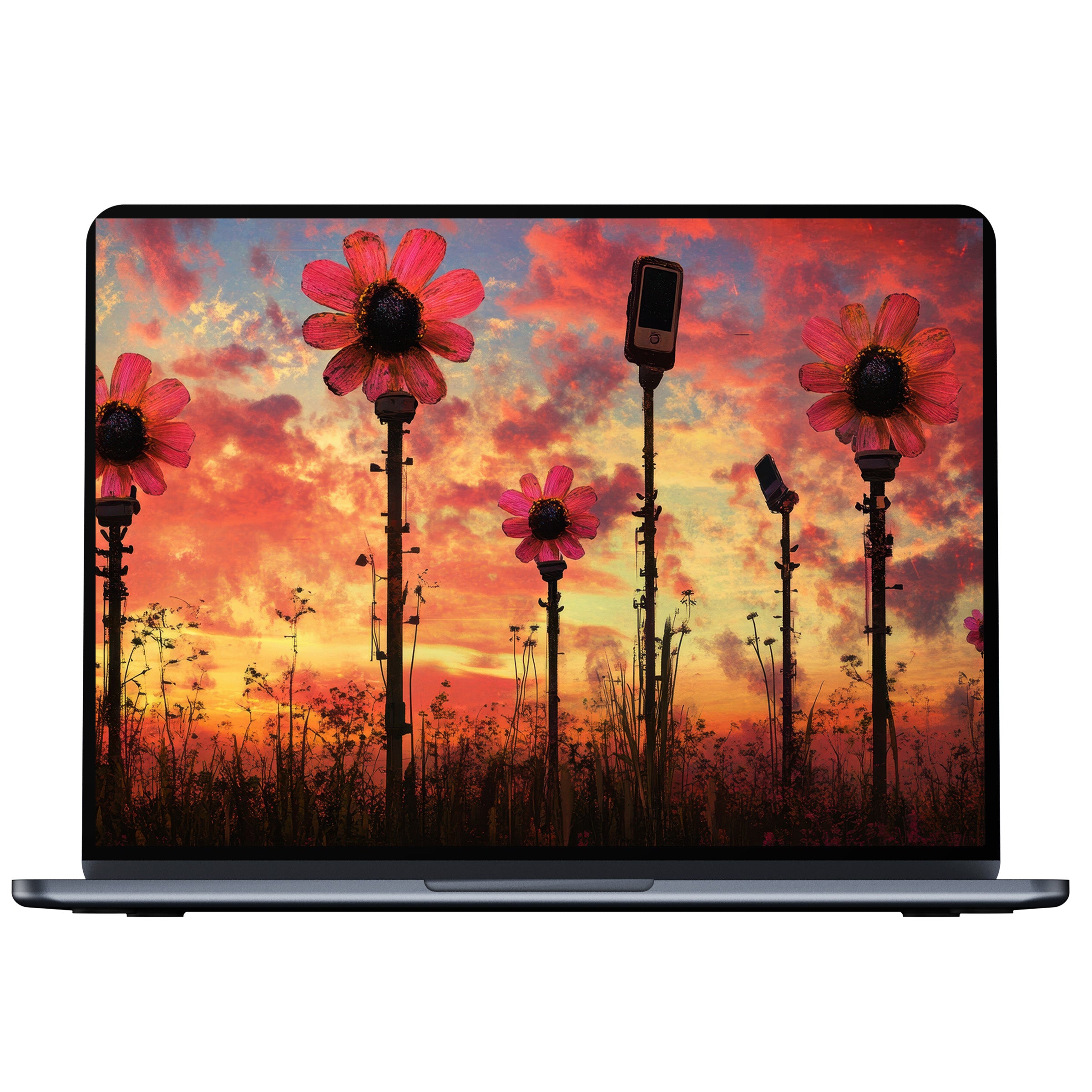 Vibrant street art desktop wallpaper featuring digital flowers at sunset for a calm, elegant aesthetic on PC, laptop, Mac download