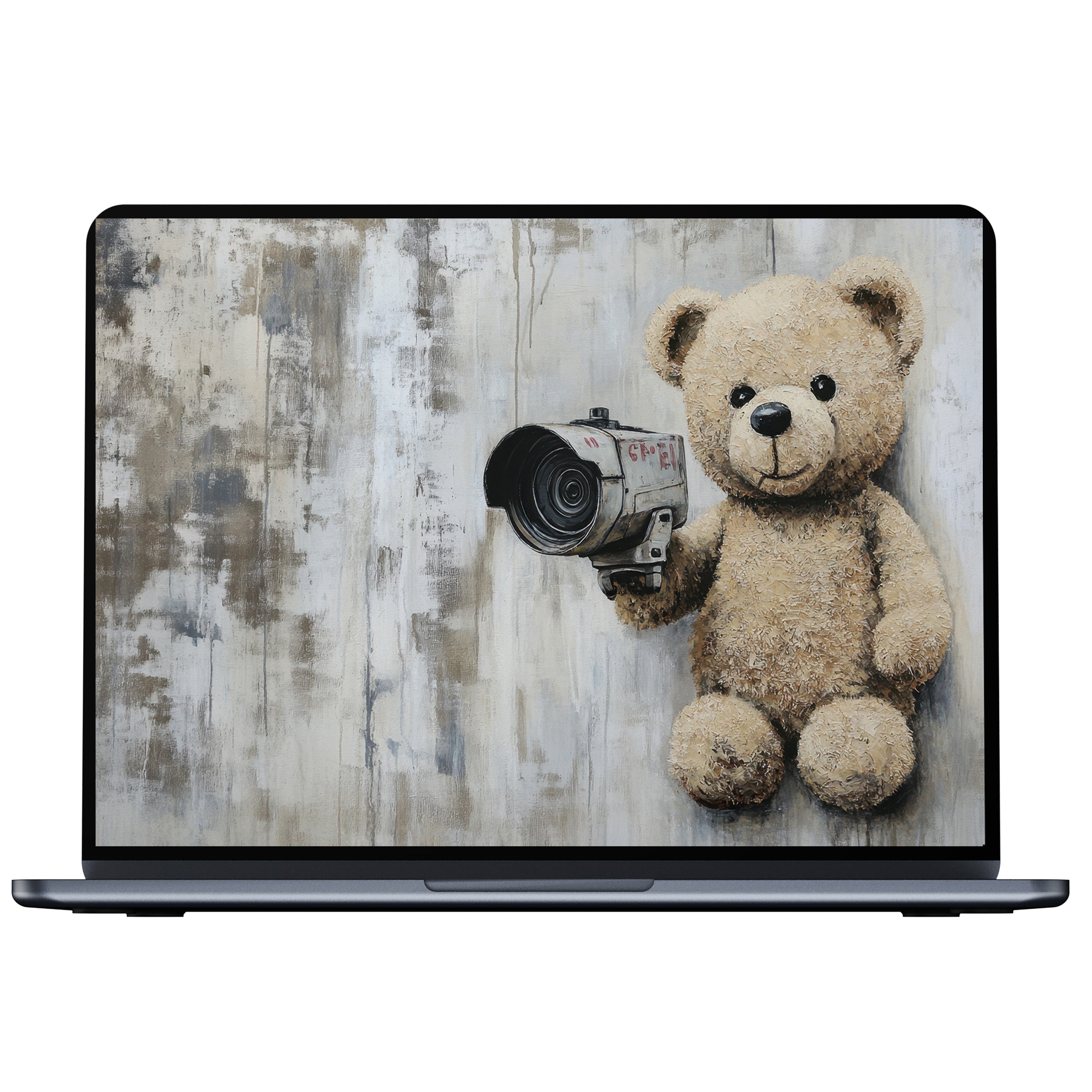 Street art desktop wallpaper featuring a textured teddy bear with vintage camera evokes nostalgia and fits PC and laptop screens perfectly