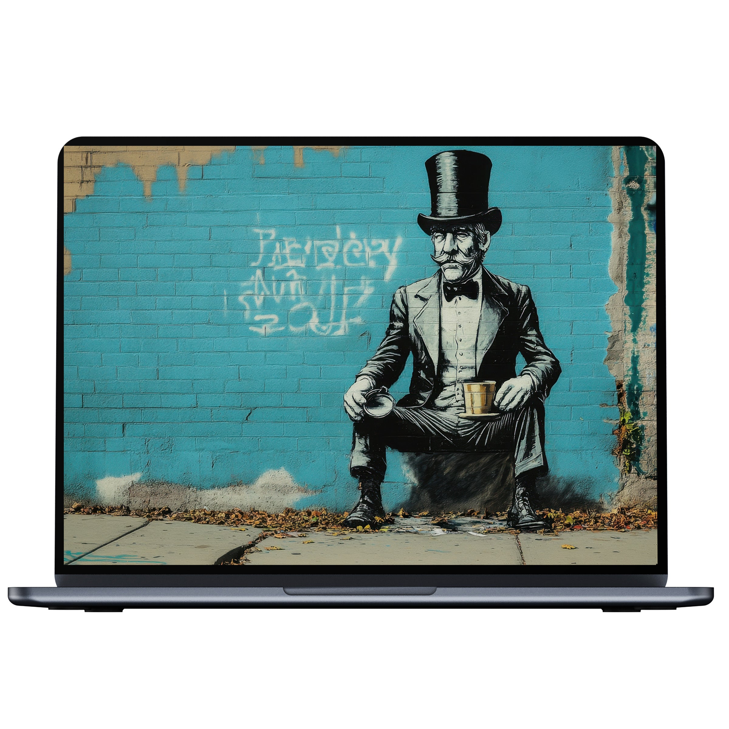 Street art desktop wallpaper features a vintage figure on a turquoise brick wall, offering elegance and creativity for PC and laptop users