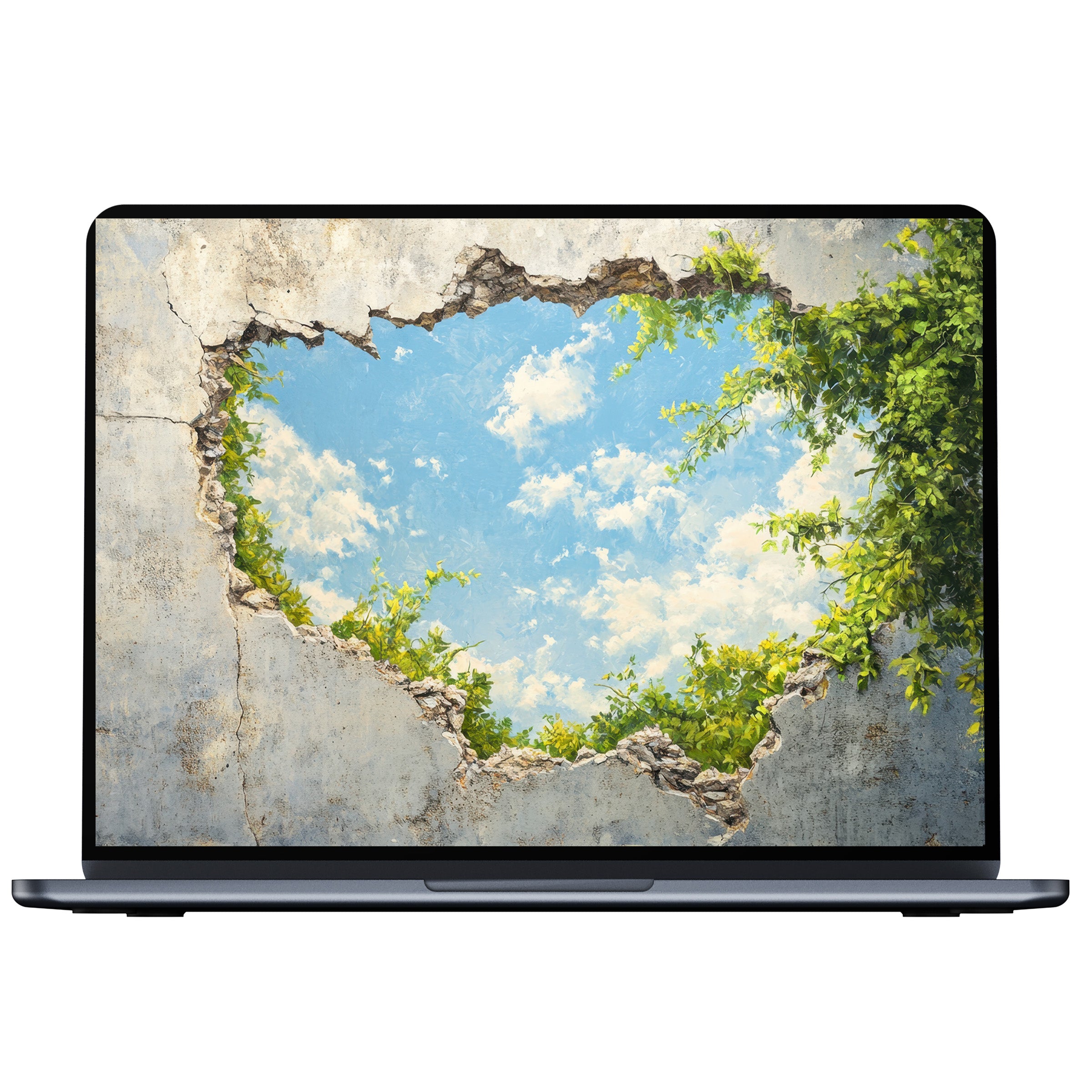 Street art desktop wallpaper featuring a serene sky and greenery through a concrete gap inspiring calm for PC and laptop digital download