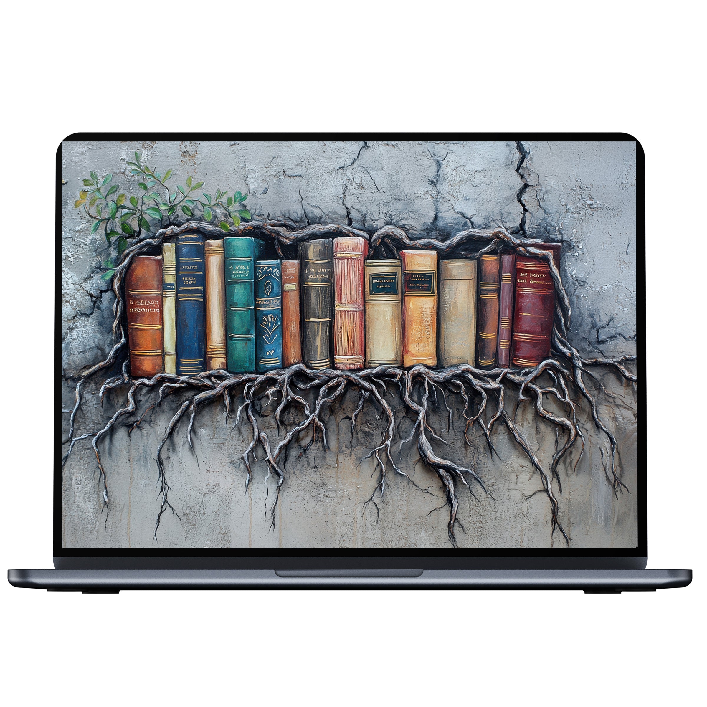 Street art desktop wallpaper featuring books with roots blending into a tranquil wall design for digital download on PC and laptop